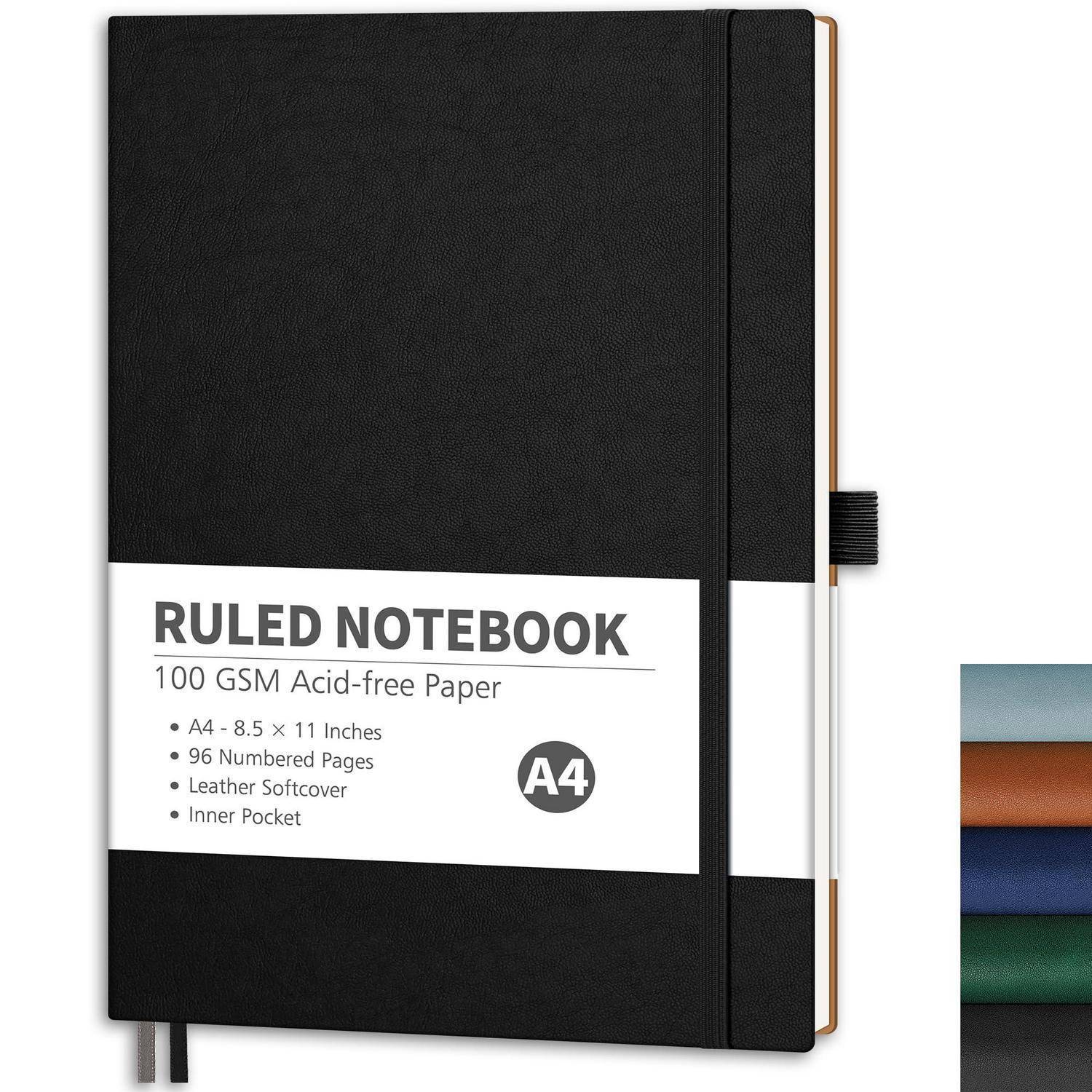 Schwarzes liniertes A4-Notizbuch mit elastischem Verschluss und weißem Etikett mit der Aufschrift „RULED NOTEBOOK