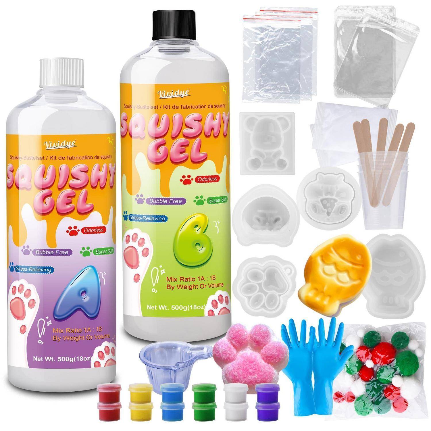 Quetschbarer Gel-Set mit zwei Flaschen Gel, Kunststoffformen, Rührbecher, Rührstäbchen, Handschuhen und dekorativen Schaumstoffperlen zum Herstellen von quetschbaren Spielzeugen.