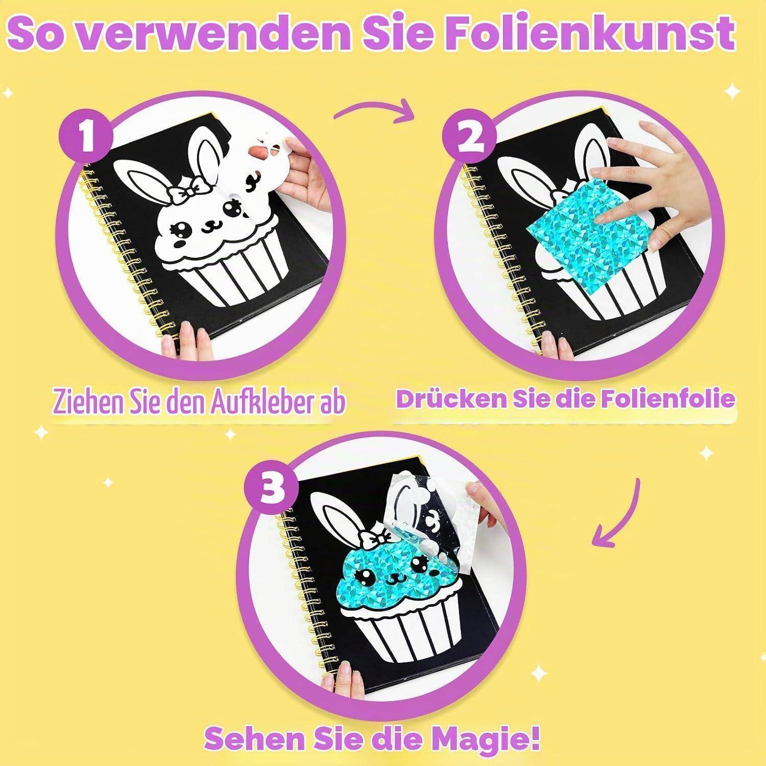 Anleitung zum Verwenden von Folienkunst: Aufkleber abziehen, Folienblatt drücken und das fertige Cupcake-Häschen-Design enthüllen.