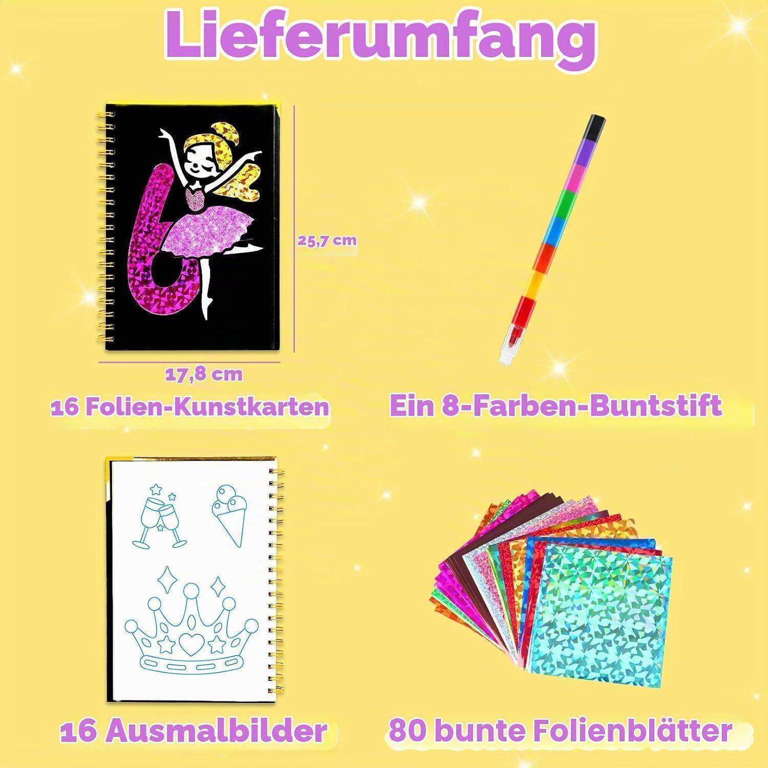 Produktinhaltsübersicht mit einem Spiral-Kunstbuch, einem 8er-Farbstift, 16 Malseiten und 80 farbigen Folienblättern mit aufgelisteten Größen.