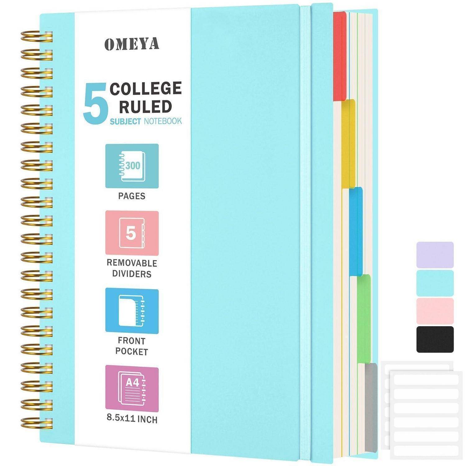 Hellblauer spiralgebundener Collegeblock mit goldenem Spiralbindung, beschriftet mit „OMEYA 5 College Ruled Subject Notebook