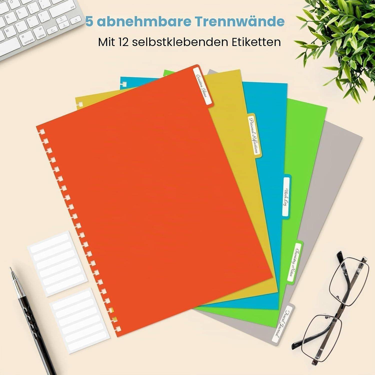 Farbenfroher Stapel aus fünf Spiralblöcken mit selbstklebenden Etiketten, beworben in deutschem Text: '5 abnehmbare Trennwände' und 'Mit 12 selbstklebenden Etiketten'.