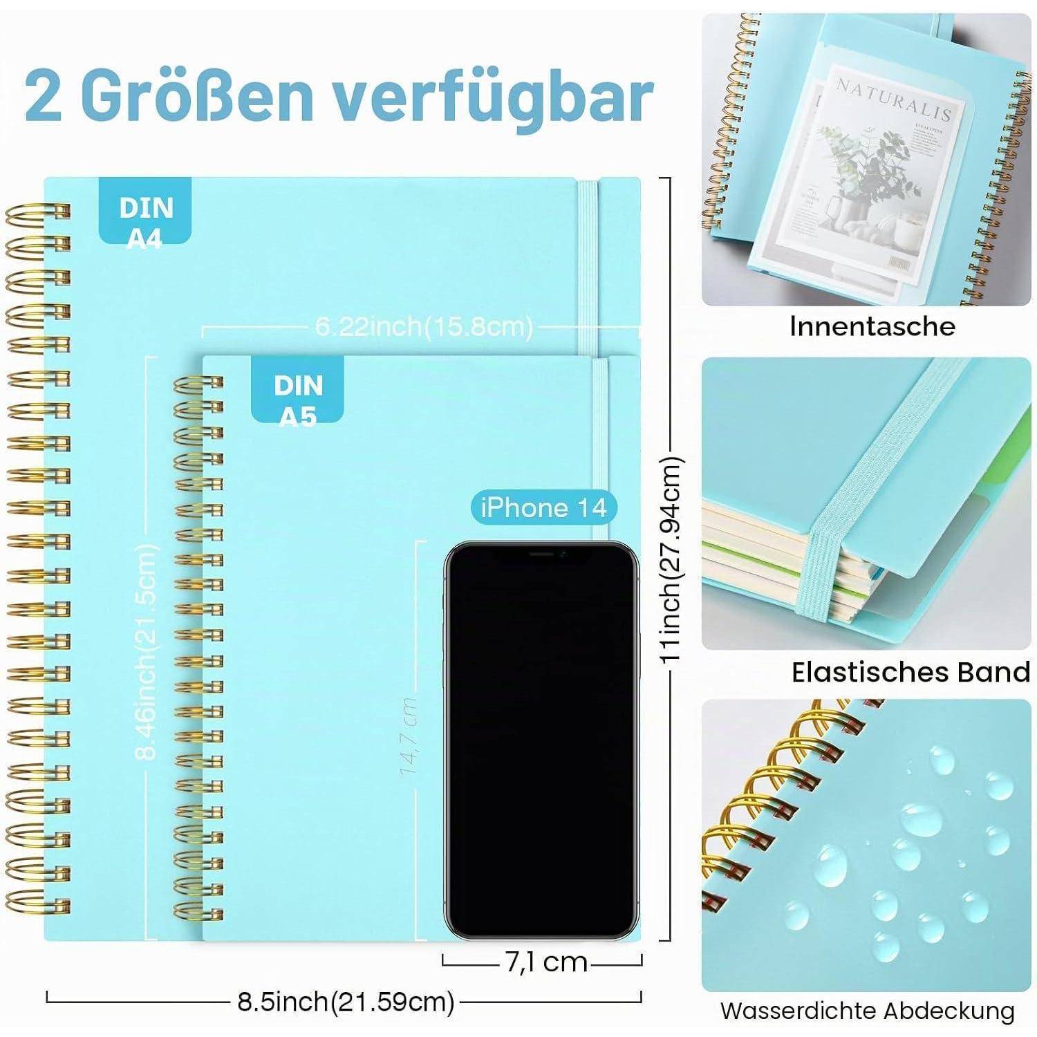 Produktvergleichsgrafik mit zwei Notizbuchtabellen, DIN A4 und DIN A5, mit Abmessungen, iPhone 14 zur Größenreferenz und Funktionen: Innentasche, Gummiband und wasserdichter Umschlag.
