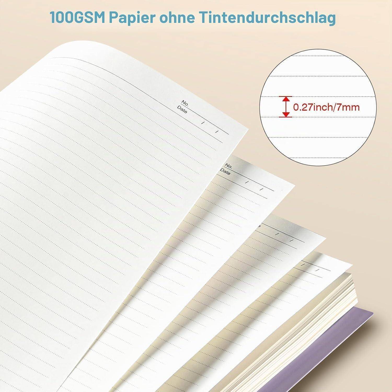Stapel von liniertem Notizbuchpapier mit der Bezeichnung „100GSM Papier ohne Tintendurchschlag