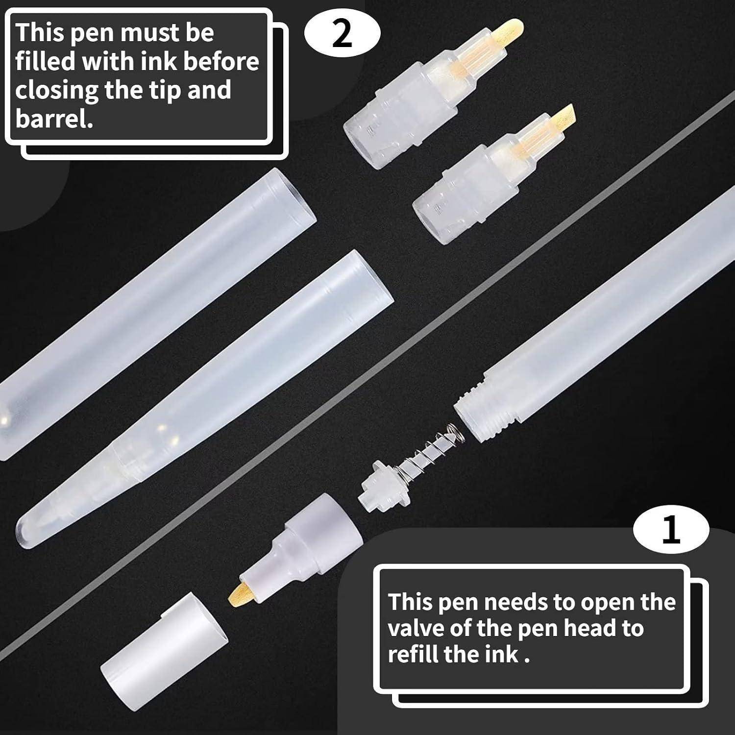 Anleitungsdiagramm eines nachfüllbaren Stifts in zwei Schritten: Öffnen Sie das Ventil des Stiftkopfes zum Nachfüllen von Tinte, füllen Sie dann den Schaft auf, bevor Sie die Spitze schließen.