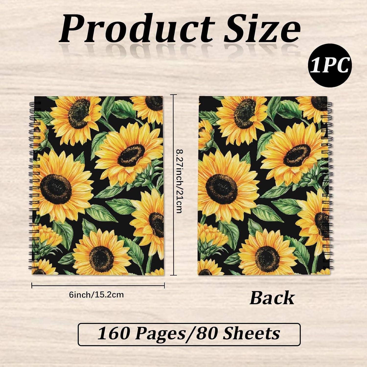 Produktgrößentabelle für ein Sonnenblumen-Spiralnotizbuch: 6 x 8,27 Zoll, 160 Seiten/80 Blatt, 1 Stück, mit Vorder- und Rückansicht.
