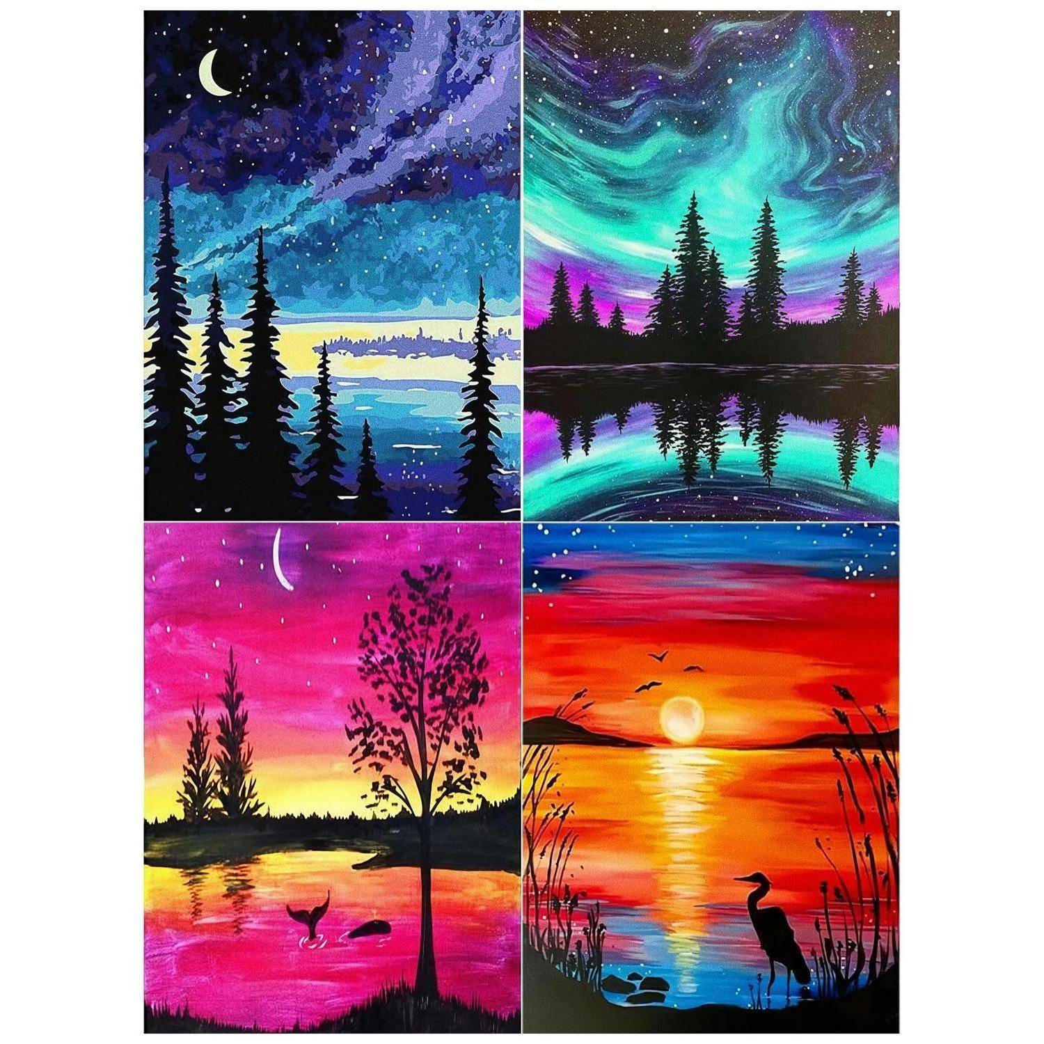 Vier farbenfrohe Landschaftsgemälde in einem 2x2-Raster, die mondbeglänzte oder Sonnenuntergangsszenen mit silhouettierten Bäumen, Wasserreflexionen und Vögeln zeigen.