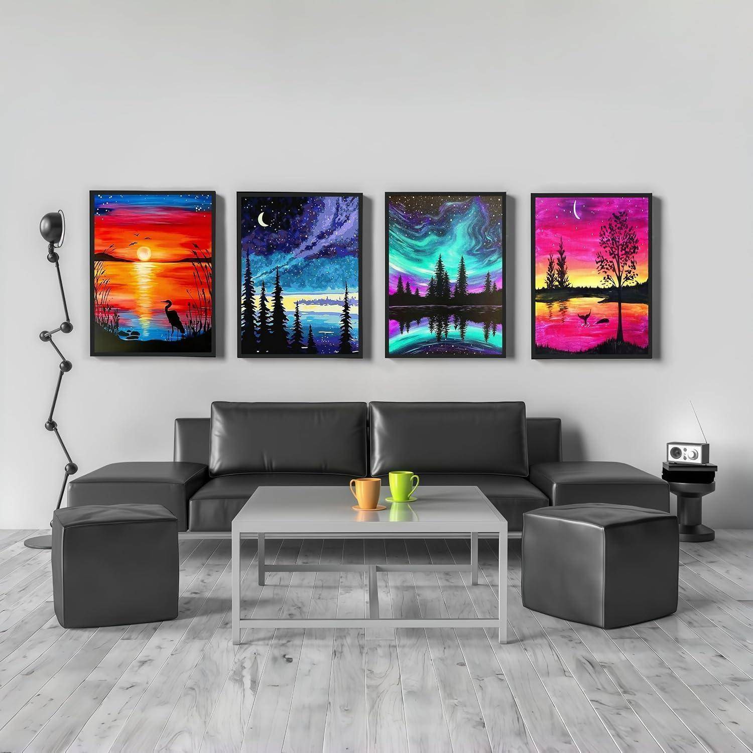 Modernes Wohnzimmer mit grauem Ecksofa, Ottomanen, Couchtisch und Stehleuchte unter vier farbenfrohen Sonnenuntergang-Landschaftsgemälden.
