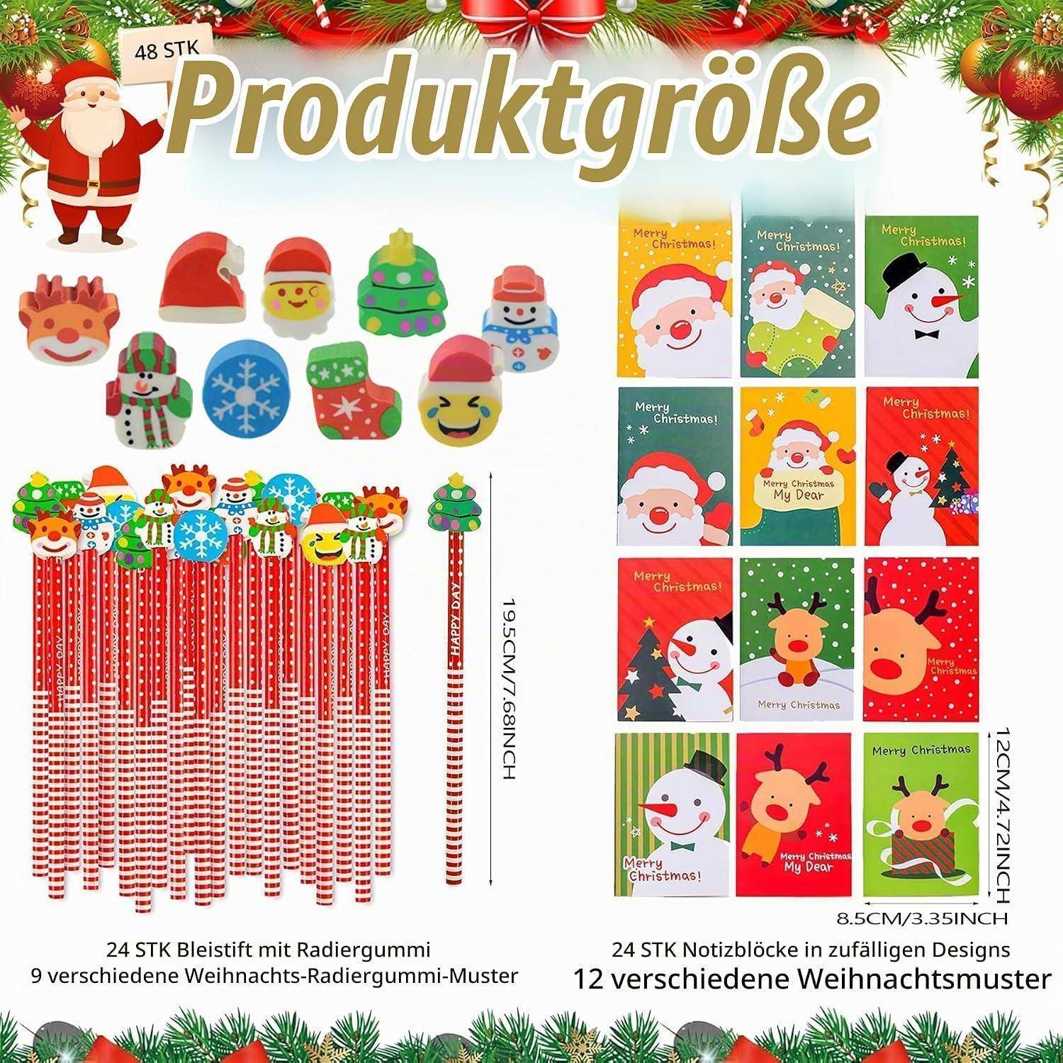 Weihnachtliches Schreibwarenset mit 48 Teilen: 24 gemusterte Bleistifte und 24 kleine Notizbücher in verschiedenen festlichen Designs, gezeigt mit Geschenkbox-Abmessungen.