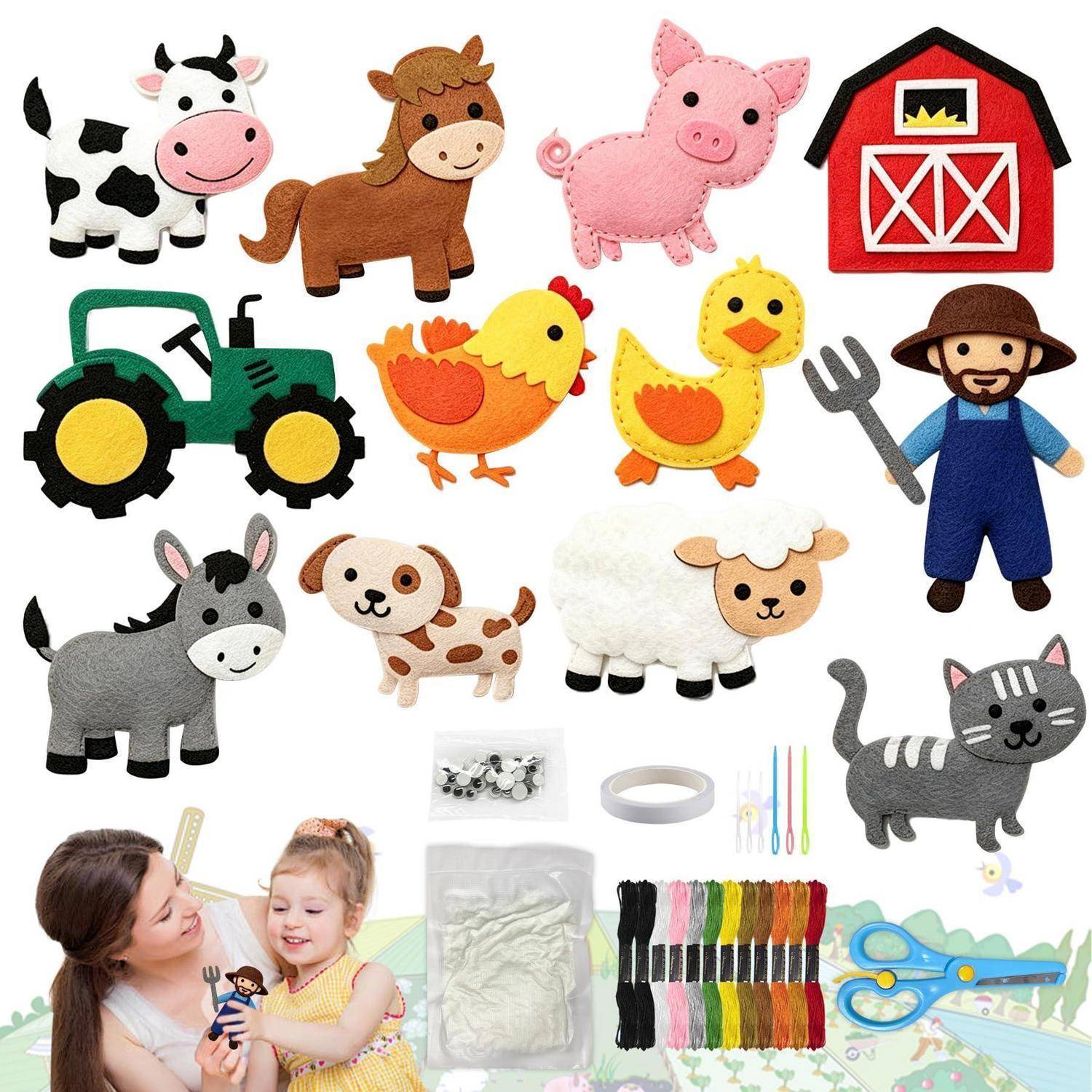 Filzhandwerk-Set mit Bauernhoftieren, Traktor, Bauer, Schere, Faden, Füllmaterial und zwei Kindern, die mit den fertigen Filzfiguren spielen.