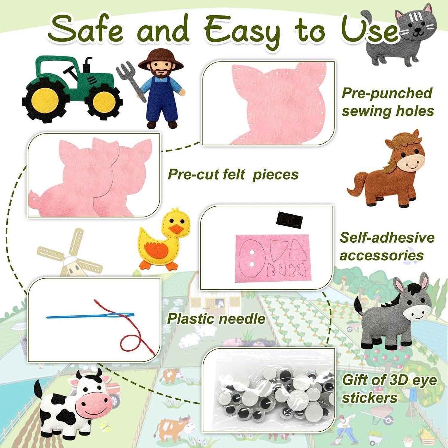 Illustriertes Kinder-Filzbastelset mit vorgeschnittenen Filzstücken, vorgestanzten Nähöchern, Kunststoffnadel, selbstklebenden Accessoires und 3D-Augenklebern.