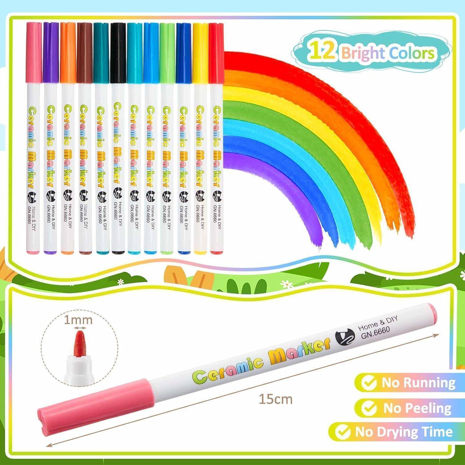 12 farbige Keramikmarker, gezeigt mit Regenbogenstrichen; ein Marker unten vergrößert mit 15 cm Länge und Eigenschaften: kein Auslaufen, kein Abblättern, keine Trocknungszeit.