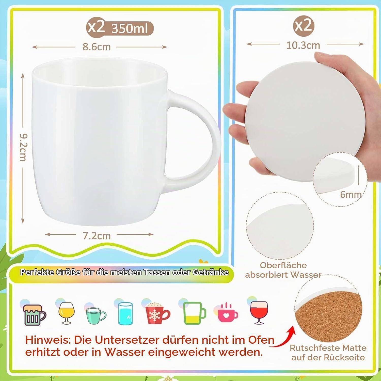 Produktgrößen-Grafik für 2 x 350 ml Becher und Untersetzer: Bechergröße 9,2 cm Höhe, 8,6 cm Breite, 7,2 cm Bodendurchmesser; Untersetzer 10,3 cm Durchmesser, 6 mm Dicke, wassersaugend, rutschfeste Rückseite.