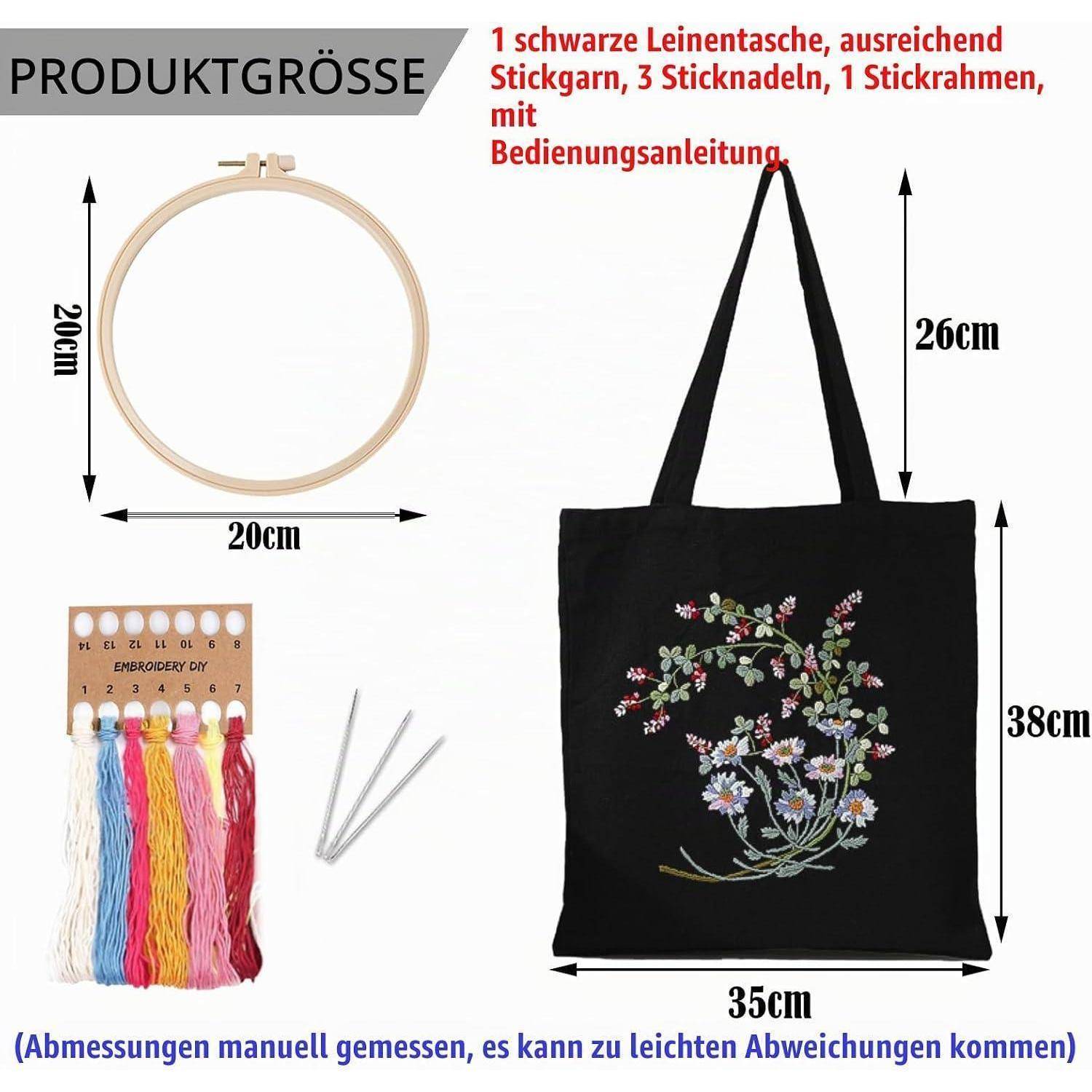 Produktgrößen-Diagramm für ein Stickerei-Set: 20 cm Reifen, 35 x 38 cm Tragetasche mit 26 cm Henkeln, plus Fäden, Nadeln, Rahmen und Anleitung.