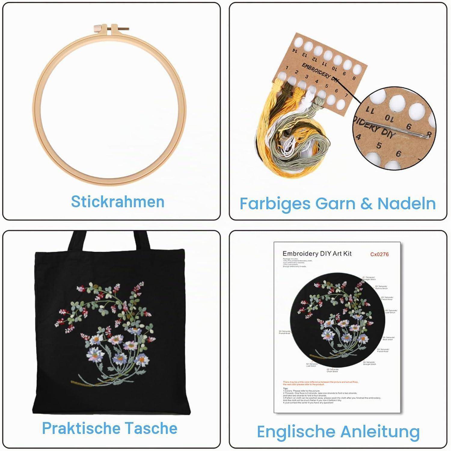 Stickerei-DIY-Set-Inhalt gezeigt in vier Panels: Stickrahmen, farbige Fäden und Nadeln, fertige Blumen-Tragetasche und englische Anleitung.