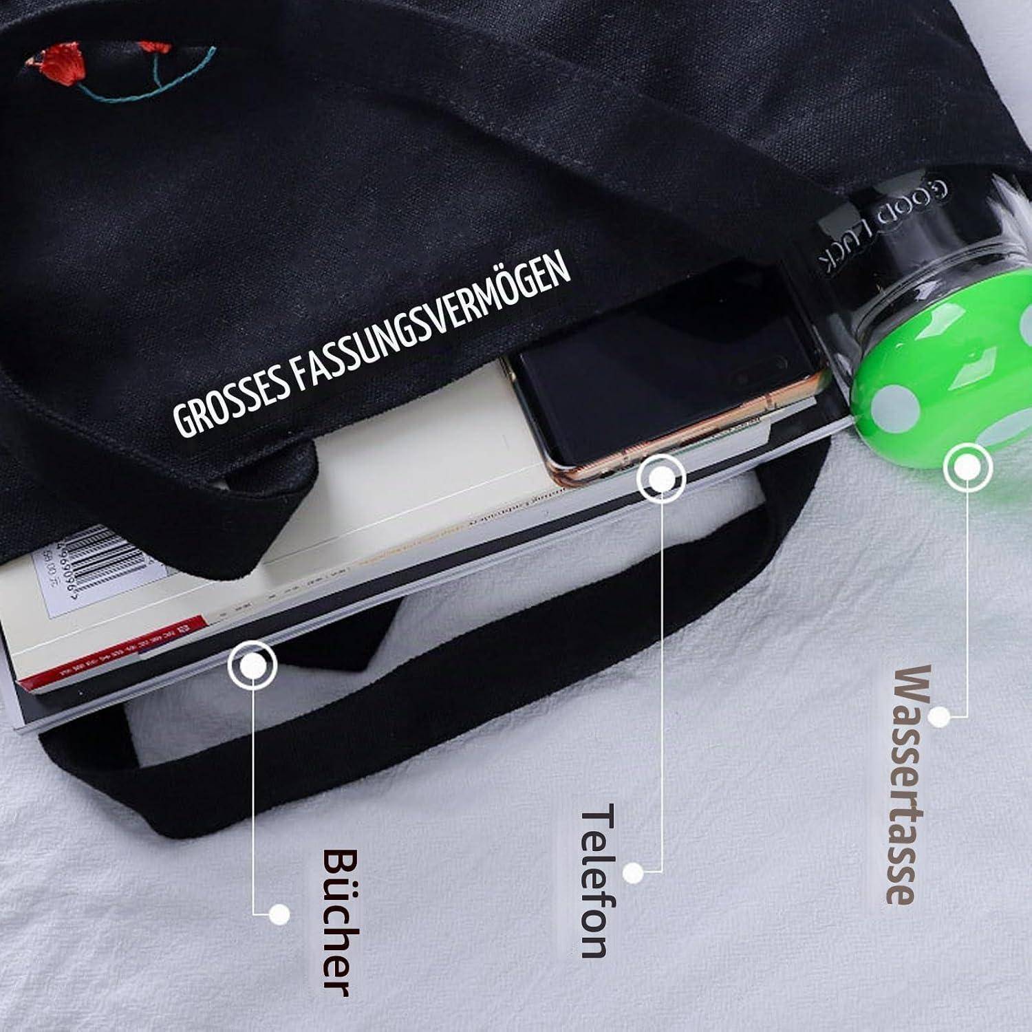 Annotierte Tragetasche mit großem Fassungsvermögen, in der Bücher, Telefon und Wasserflasche verstaut sind.