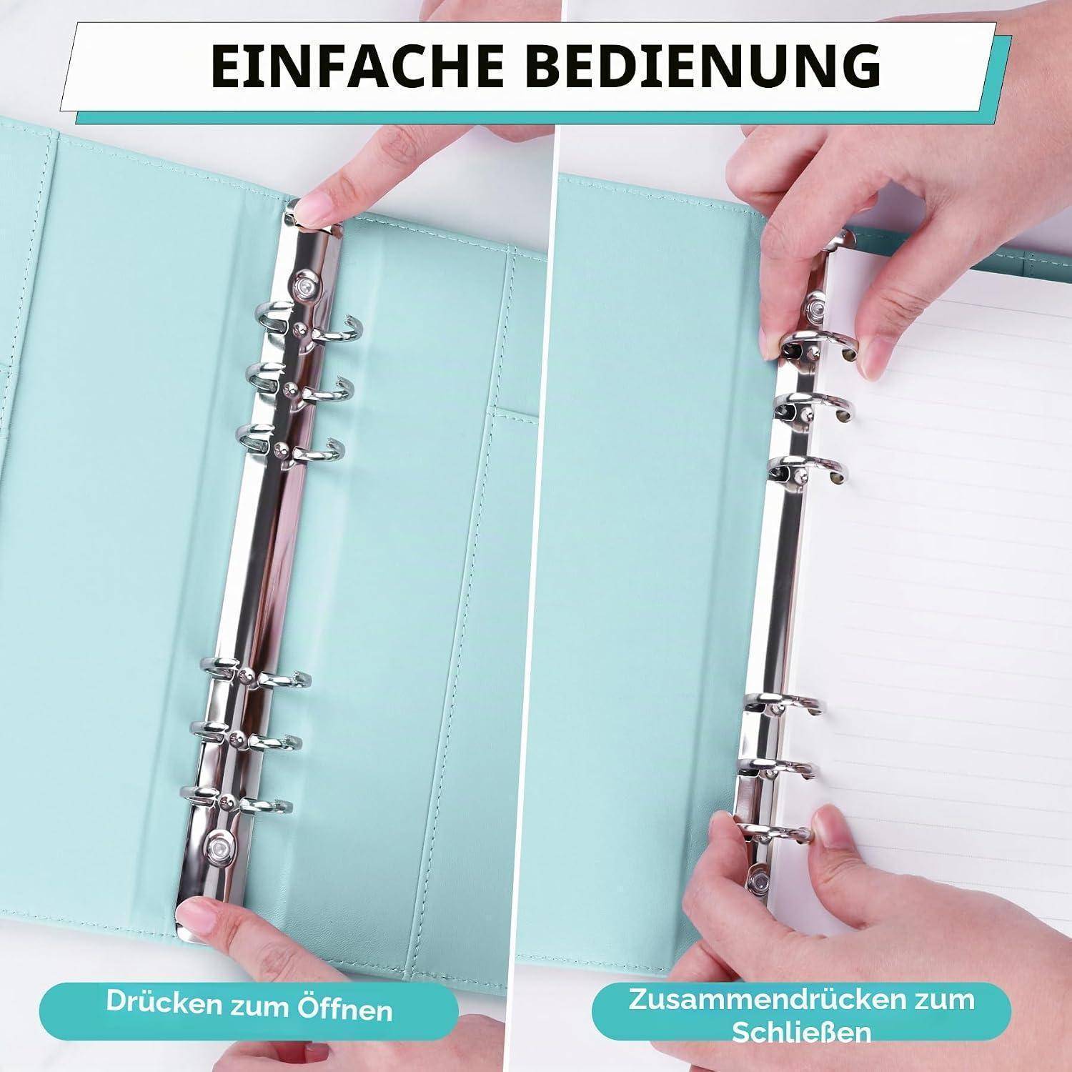 Geteiltes Bild eines Ringbinders, das die einfache Handhabung zeigt: Drücken Sie die Ringe zum Öffnen auf der linken Seite, drücken Sie sie auf der rechten Seite zusammen, um sie zu schließen.