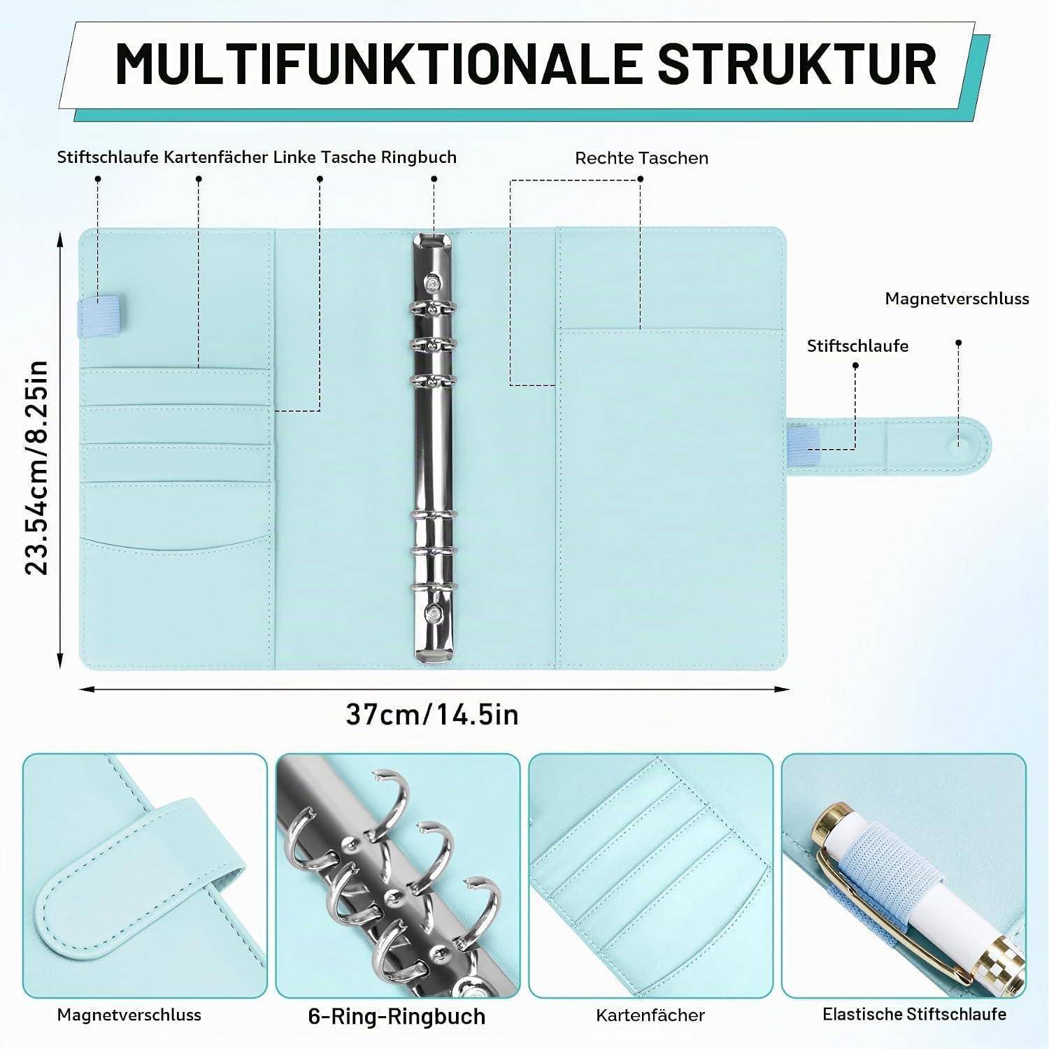 Diagramm eines multifunktionalen Ordnermappenorganizers mit Taschen, Kartensteckplätzen, Stiftschlaufen, Ringmechanismus, Magnetverschluss und Abmessungen von 37 cm mal 23,54 cm.