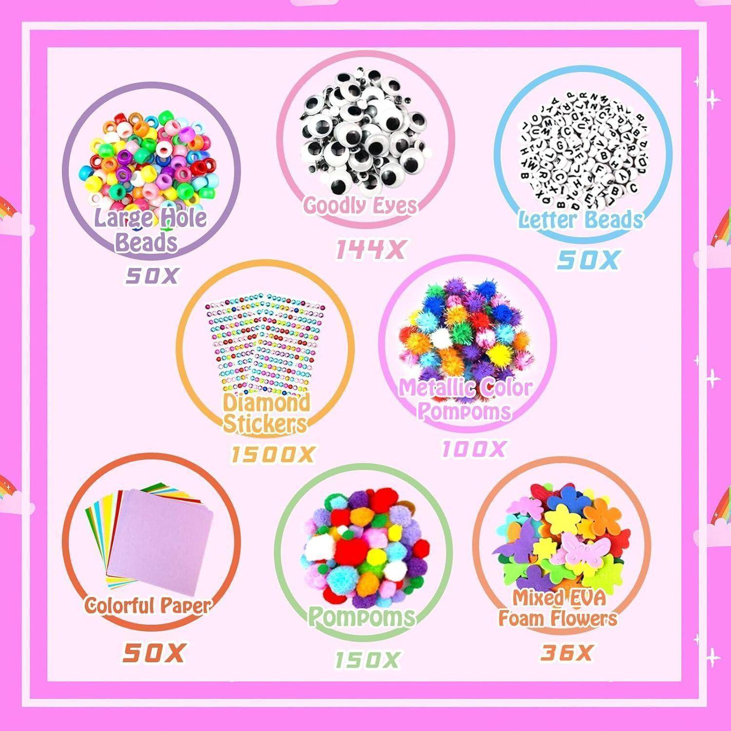Bastelset-Kit-Bild mit enthaltenen Artikeln und Mengen: Großlochperlen 50x, Wackelaugen 144x, Buchstabenperlen 50x, Diamant-Aufkleber 1500x, metallische farbige Pompons 100x, buntes Papier 50x, Pompons 150x und gemischte EVA-Schaumblüten 36x.