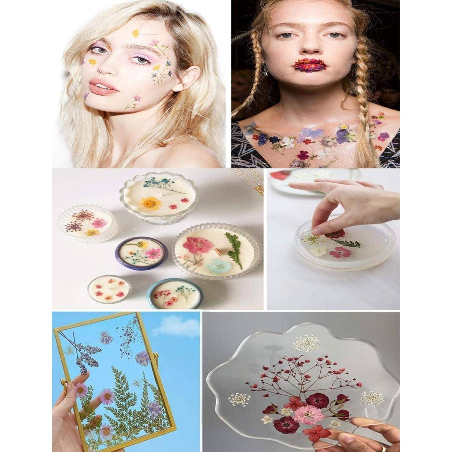 Collage von Blumennagel-Kunstwerken und Handwerk-Beispielen: Modelle mit gepressten Blüten auf Gesichtern und Händen, sowie blumendekorierte Geschirr und ein eingerahmtes botanisches Design.
