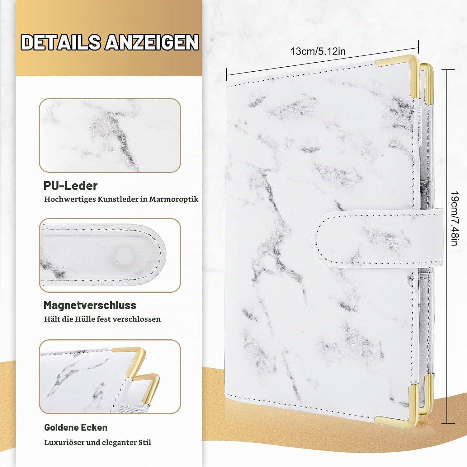 Notizbuchcover aus marmoriertem weißem PU-Leder mit Magnetverschluss und goldfarbenen Eckenschutzern; Größe angegeben als 13 cm x 19 cm.