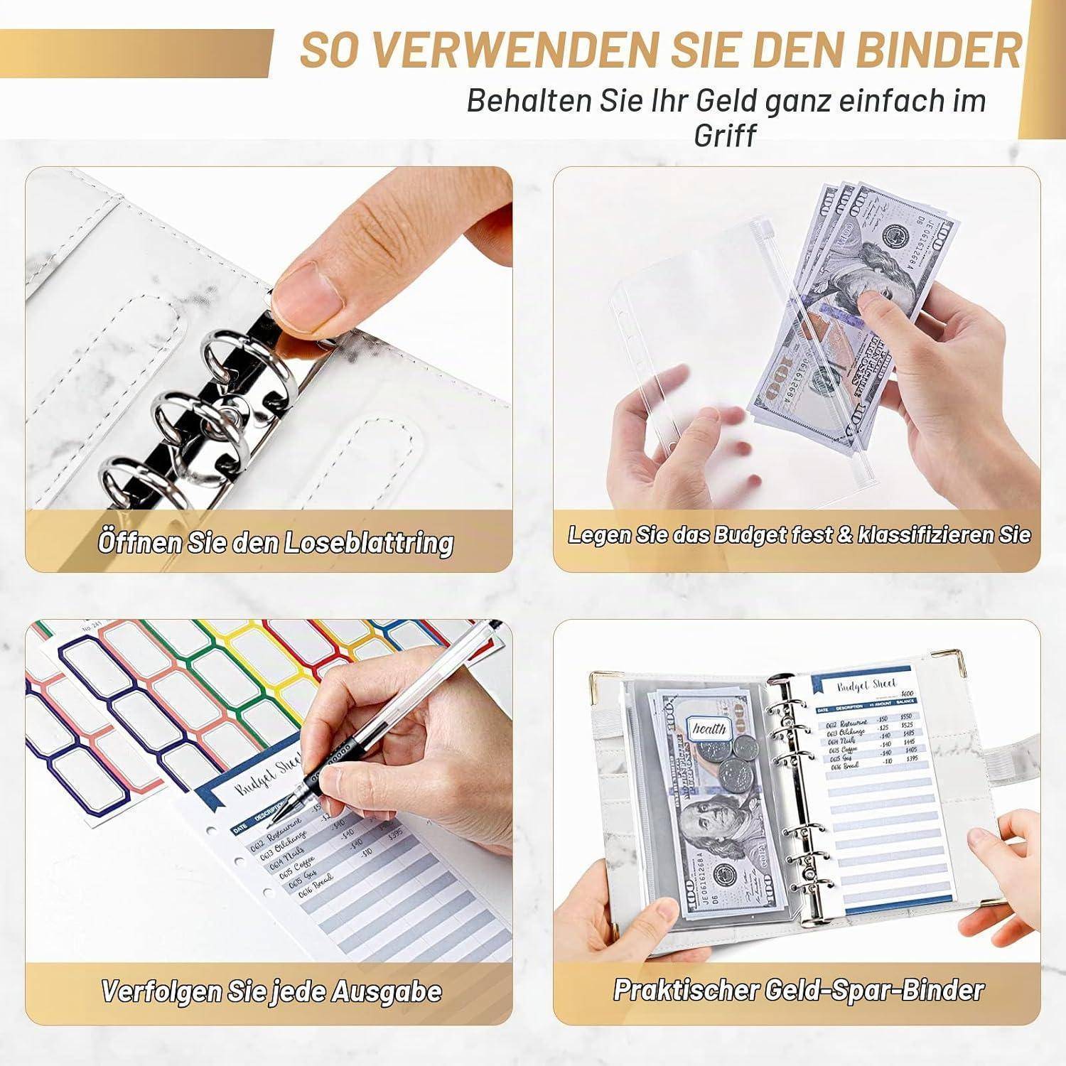 Budget Planner Budget Binder A6, Budgetplaner Geld Organizer mit Weiche PVC Tasche, TAOPE Leder Binder Notizbuch A6 Cash Stuffing, 6 Löcher Budget