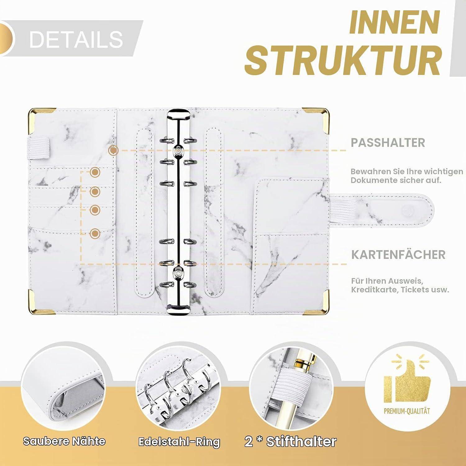 Werbediagramm des Inneren einer Marmormuster-Bindergeldbörse mit der Bezeichnung 'INNEN STRUKTUR', das einen Reisepasshalter, Kartensteckplätze, Edelstahlringe und zwei Stiftschlaufen zeigt.