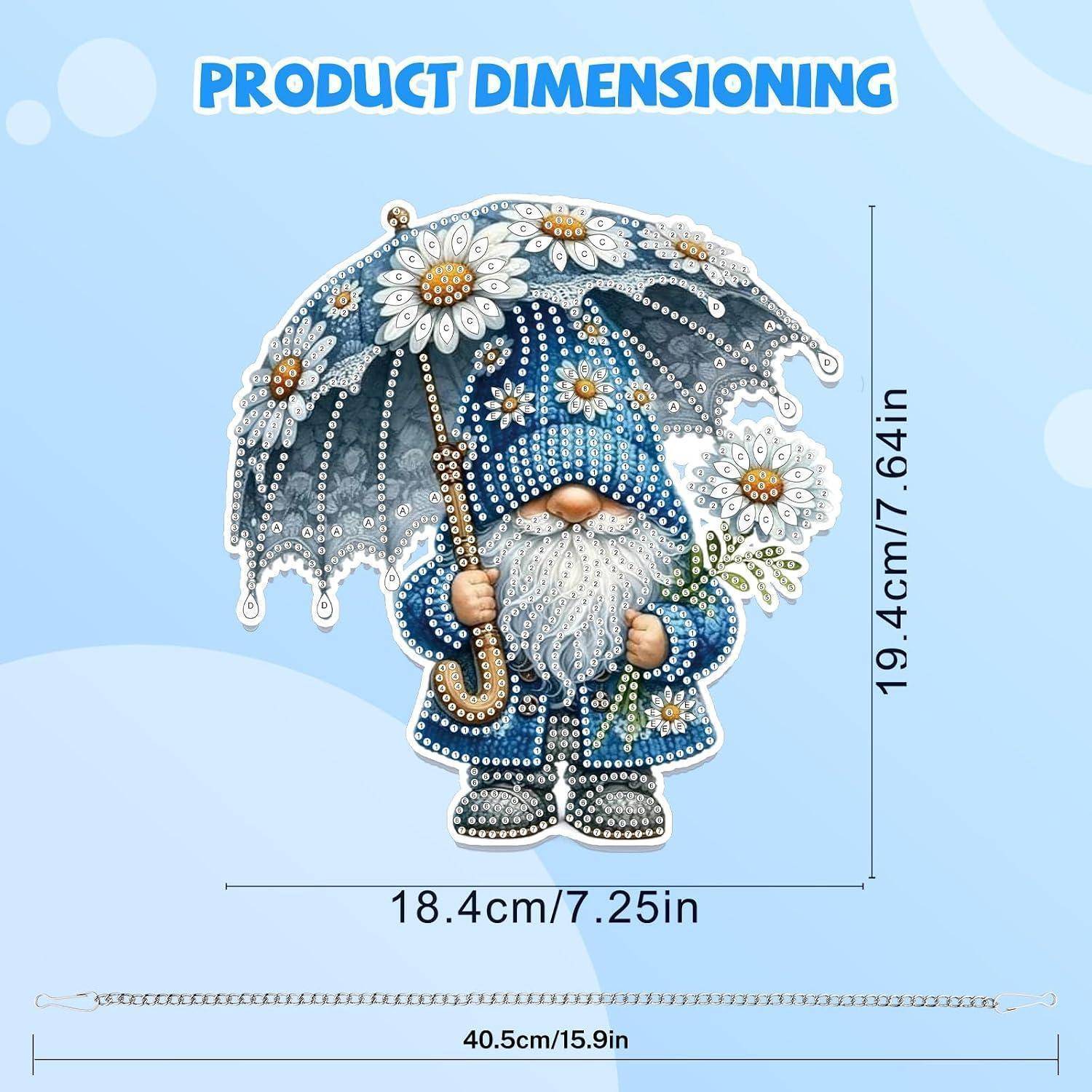 Produktdimensionierungsgrafik für einen Gnom mit Regenschirm und Blumen, mit einer Höhe von 19,4 cm und einer Breite von 18,4 cm; Kettenlänge 40,5 cm.