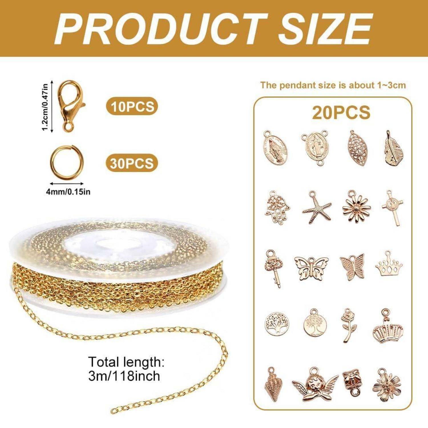 DIY Schmuckherstellung Set Gold, 3m Gliederkette mit 20 Anhängern + 10 Karabinerhaken, Meterware für Ketten Selber Machen, Wasserdichtes Bastelset