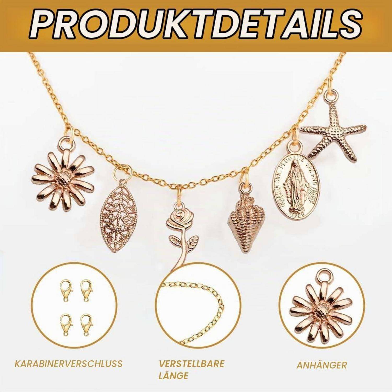 Produktdetailbild einer Goldkettenkette mit mehreren baumelnden Anhängern, darunter eine Blume, ein Blatt, eine Rose, ein Herz, eine Medaille und ein Seestern; zeigt verstellbare Länge und Verschluss.