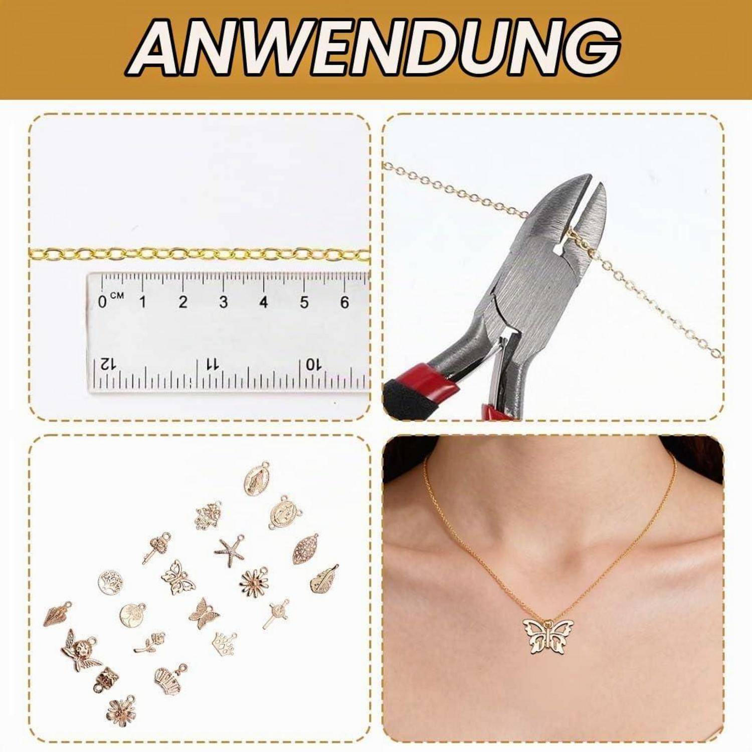 Anleitungsbild zum Zuschneiden und Fertigstellen einer Goldkettenkette, mit einem Lineal zur Größenbestimmung, Zange zum Trimmen der Kette, verschiedene Charm-Optionen und ein Schmetterlingsanhänger, der um den Hals getragen wird.