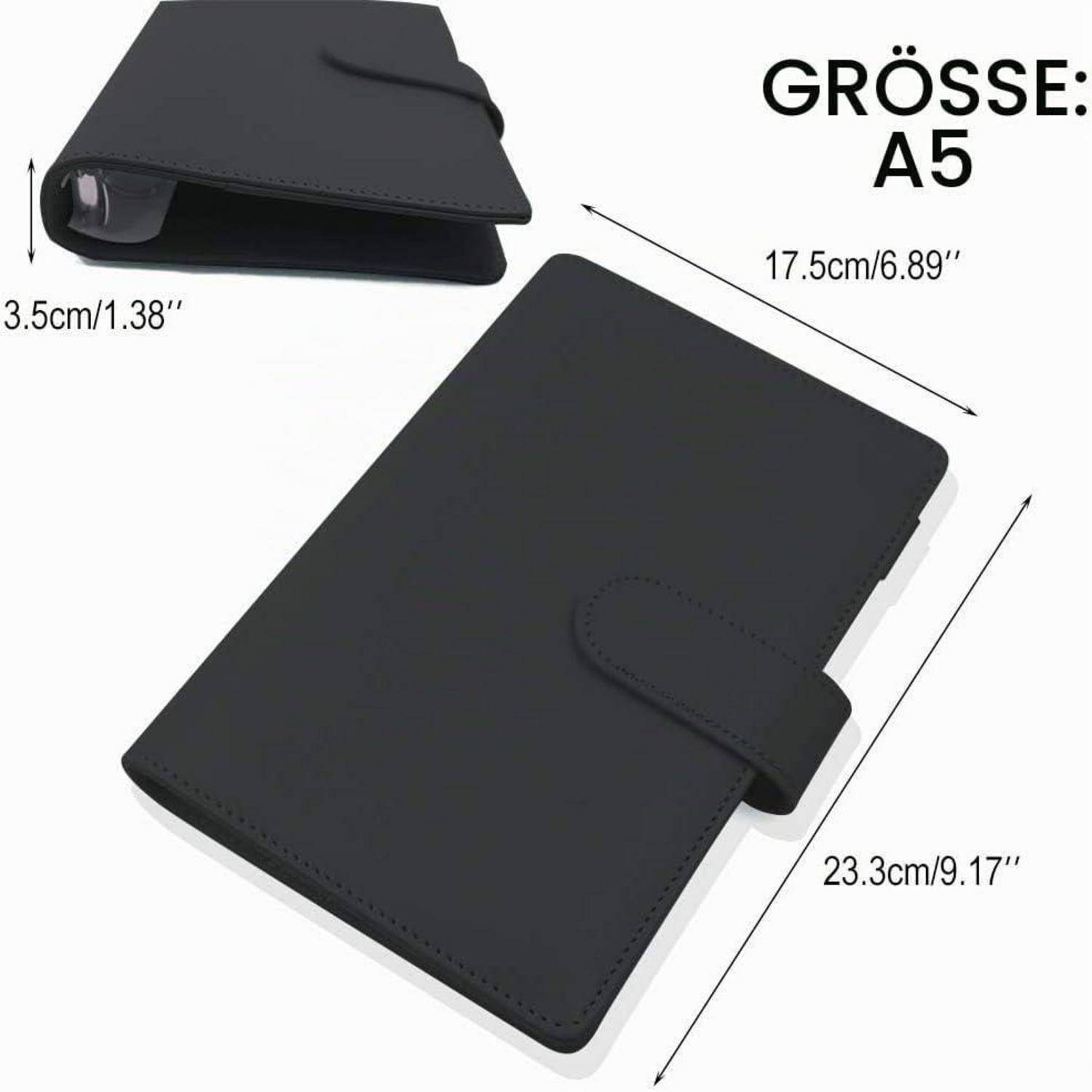 Schwarzes A5-Notizbuch oder Plannercover mit den Abmessungen: 23,3 cm x 17,5 cm x 3,5 cm.