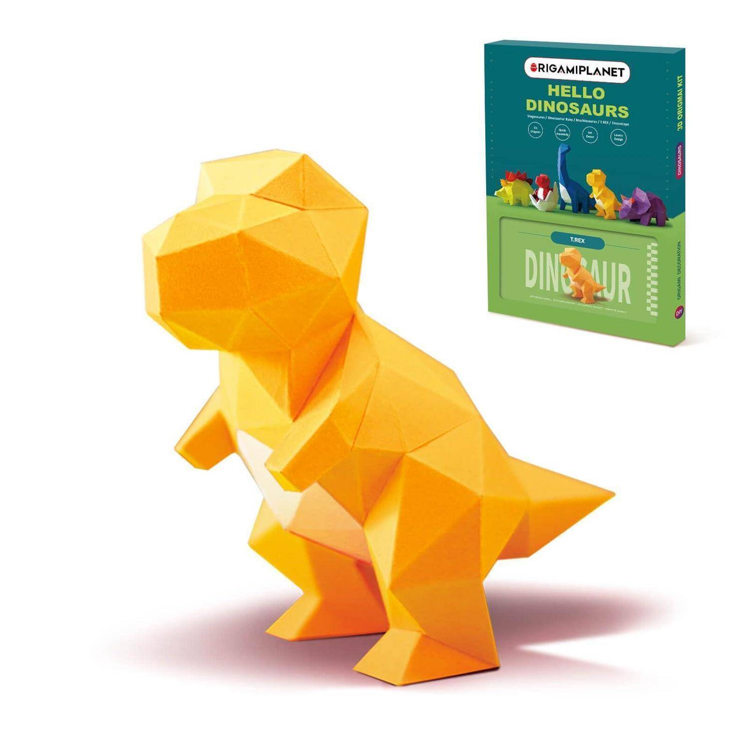Oranges geometrisches Papier-Dinosaurier-Modell mit einer 'Hello Dinosaurs' Bausatz-Box im Hintergrund.