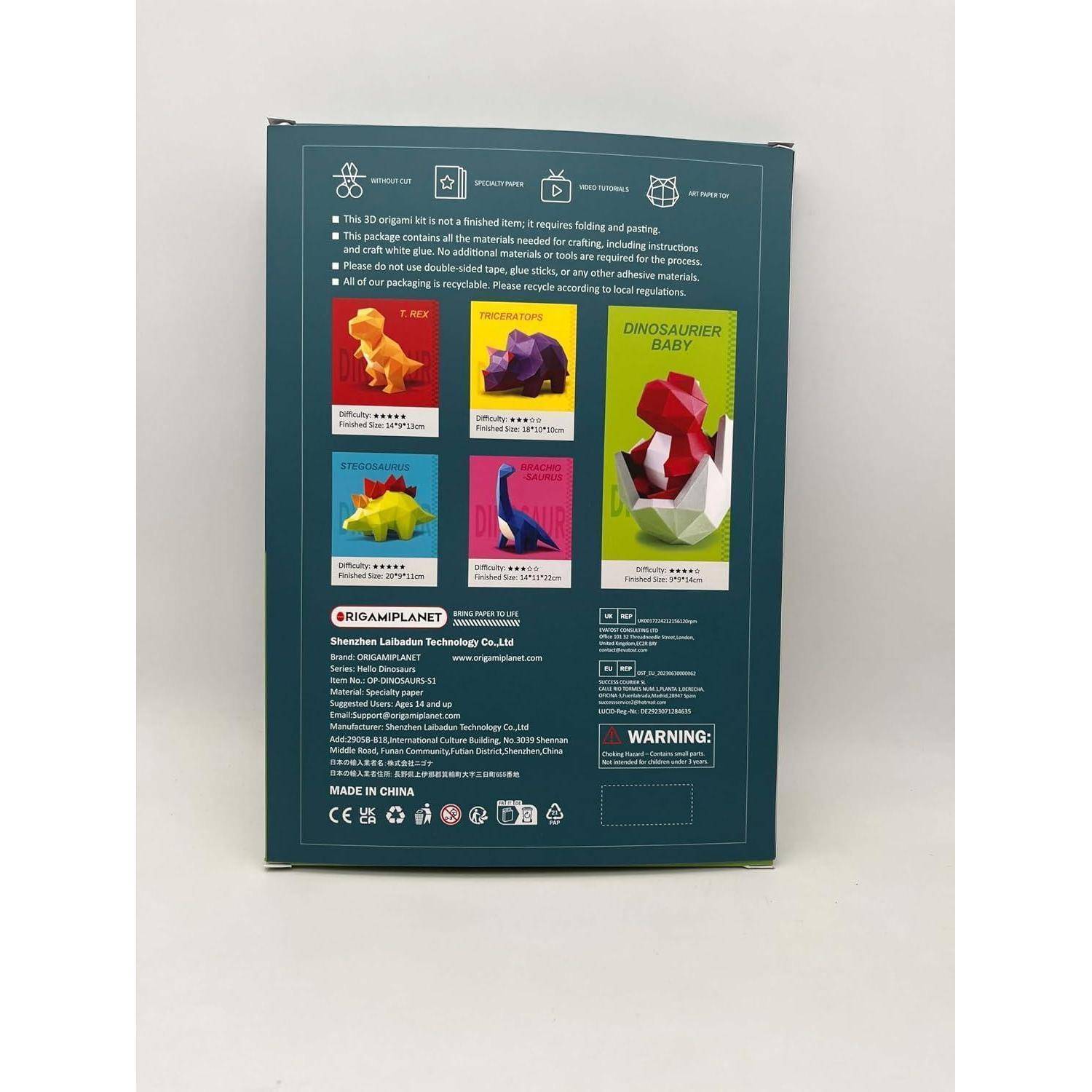 Rückseite einer Origami-Planet-Faltpapier-Kit-Box mit Beispieltiermotiven und Produktdetails, einschließlich eines 