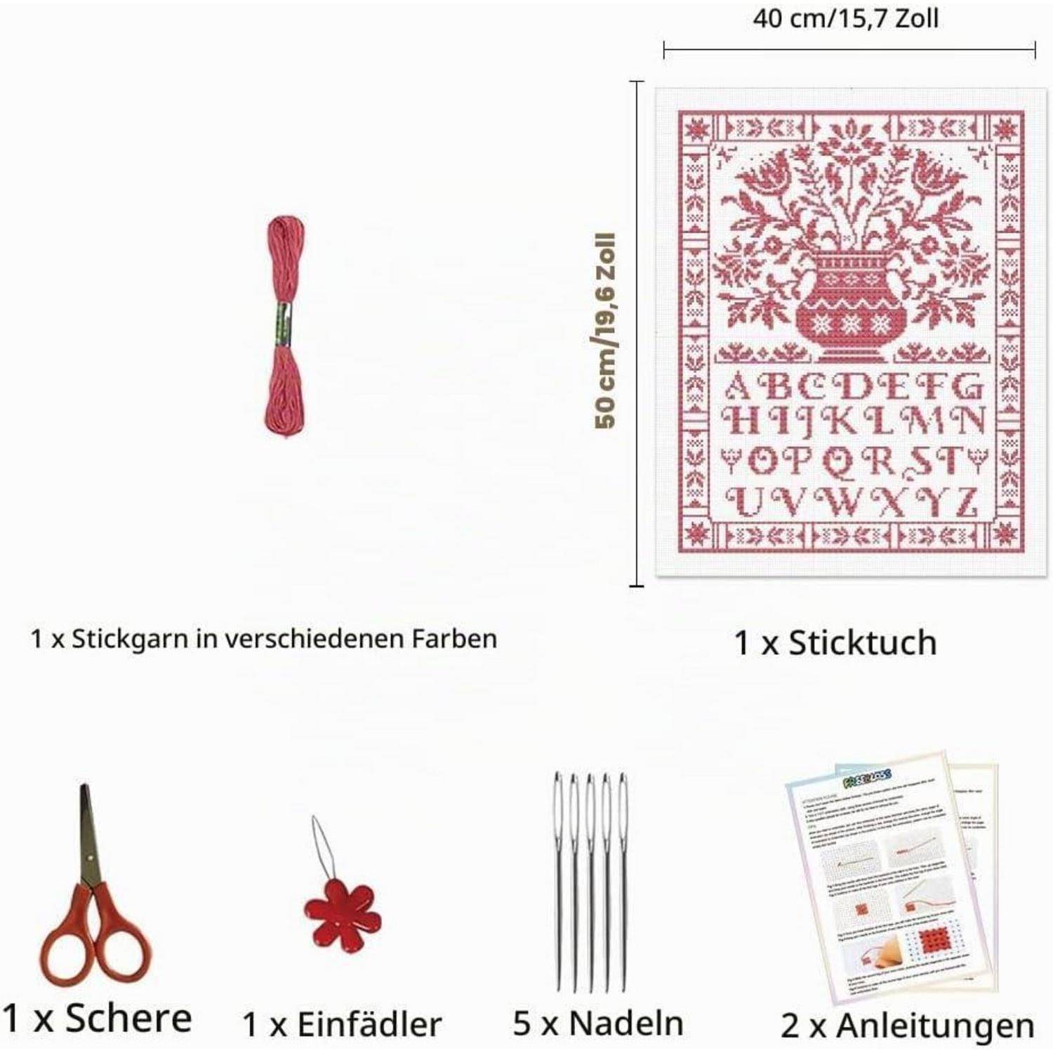 Stickerei-Set Inhalt: 1 Fadenstrang, 1 Musterstoff, 1 Schere, 1 Fadenführer, 5 Nadeln und 2 Anleitungsblätter.