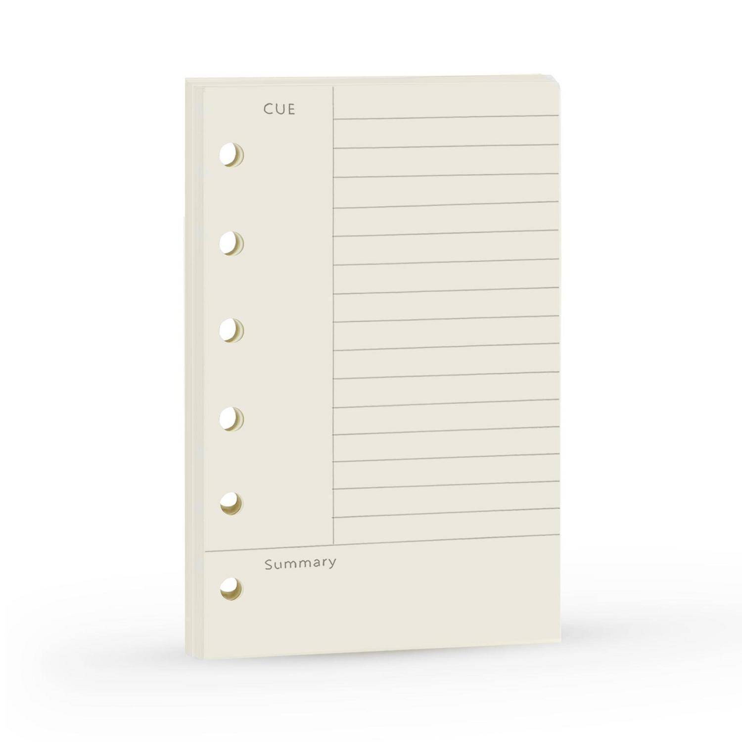 Cremefarbenes Planernotizbuch mit Registern mit den Aufschriften „CUE