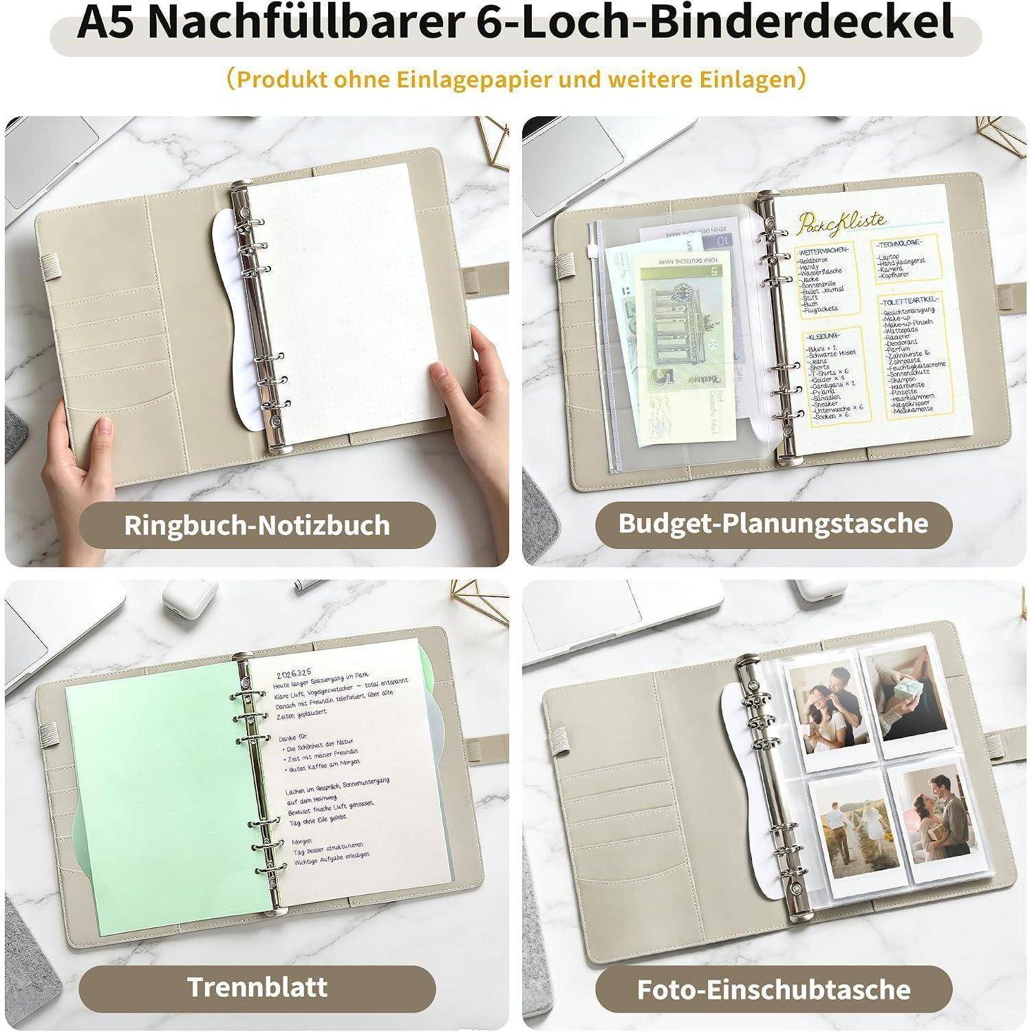 Collage zeigt eine A5 nachfüllbare 6-Ring-Bindereinband, die als Notizbuch, Budgetplaner, Trennblatt und Fotohülle mit deutschen Beschriftungen verwendet wird.