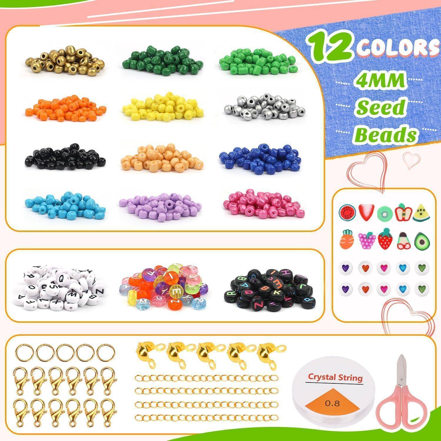 Produktcollage aus 12 Farben von 4mm-Rocailles mit Schmuckzubehör, elastischer Kristallschnur und rosa Schere zum Basteln.