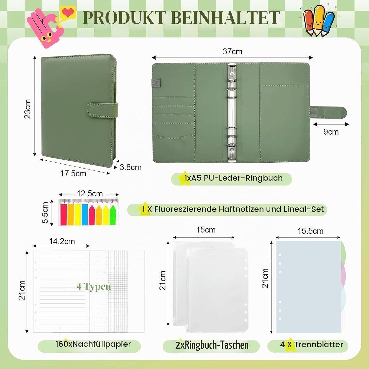 Grüner A5-Ringbinder-Organizer, geöffnet und geschlossen gezeigt, mit Abmessungen, Taschen, Nachfüllpapier, Registerkarten und enthaltenen Ringbinder-Zubehörteilen.