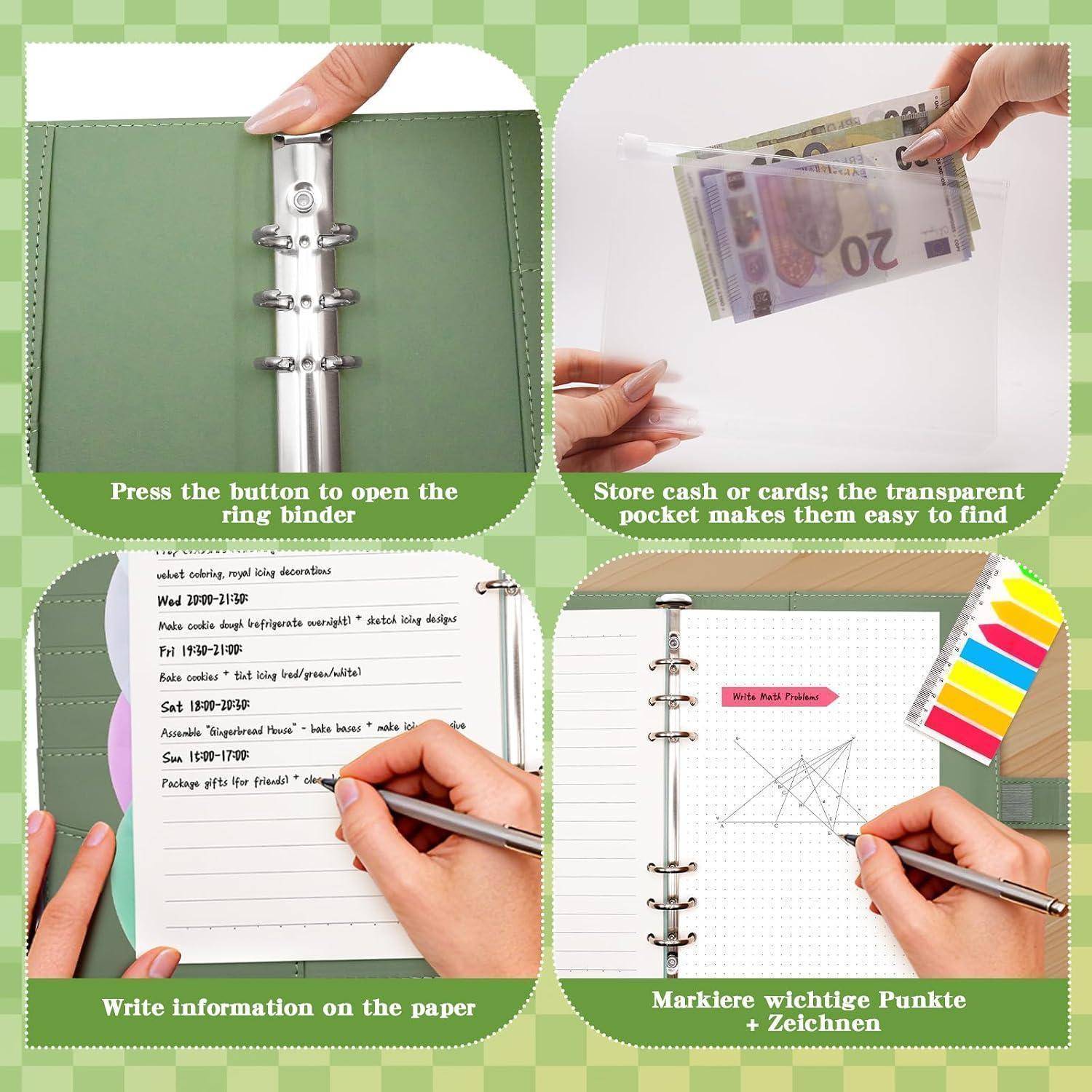 Vierteiliges Inserat für einen grünen Ringordner mit Knopfverschluss-Ringen, transparenter Tasche für Bargeld/Karten, Notizseiten und Marker-Tabs zum Organisieren und Planen.