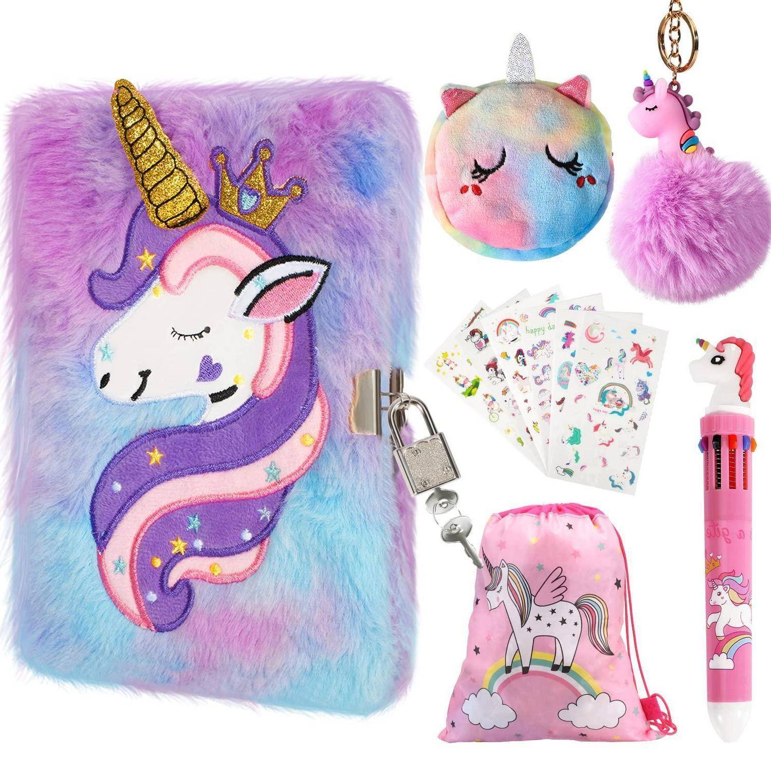 Schulset mit Einhorn-Thema mit fluffigem violettem Notizbuch, rundem Täschchen, Schlüsselanhänger, Sticker-Blättern, rosa Beutel mit Zugband und Einhorn-Stift.