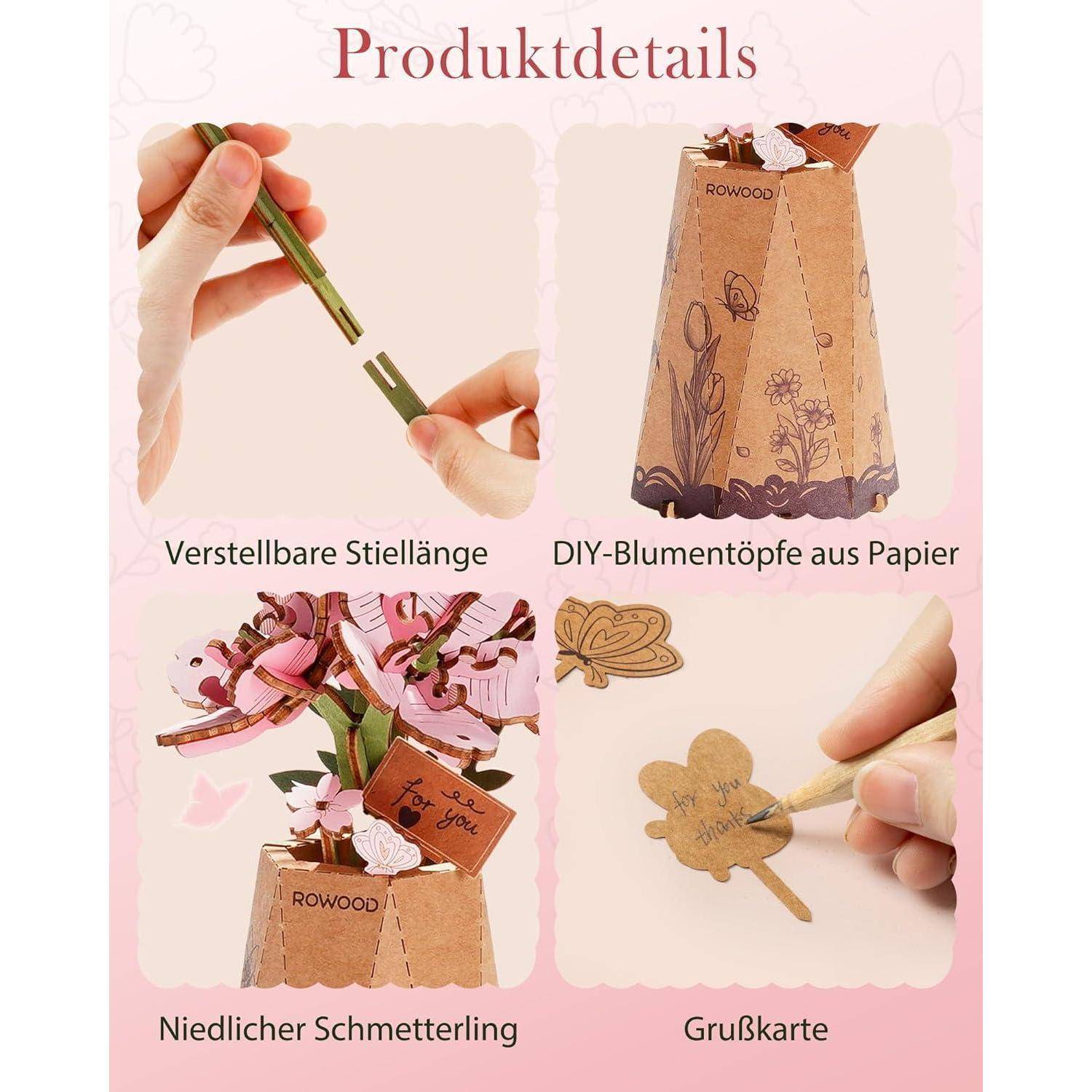 Einstellbare Stielänge, DIY-Papierblumentöpfe, ein Schmetterlingsstrauß und eine Grußkartenbastler-Anleitung.