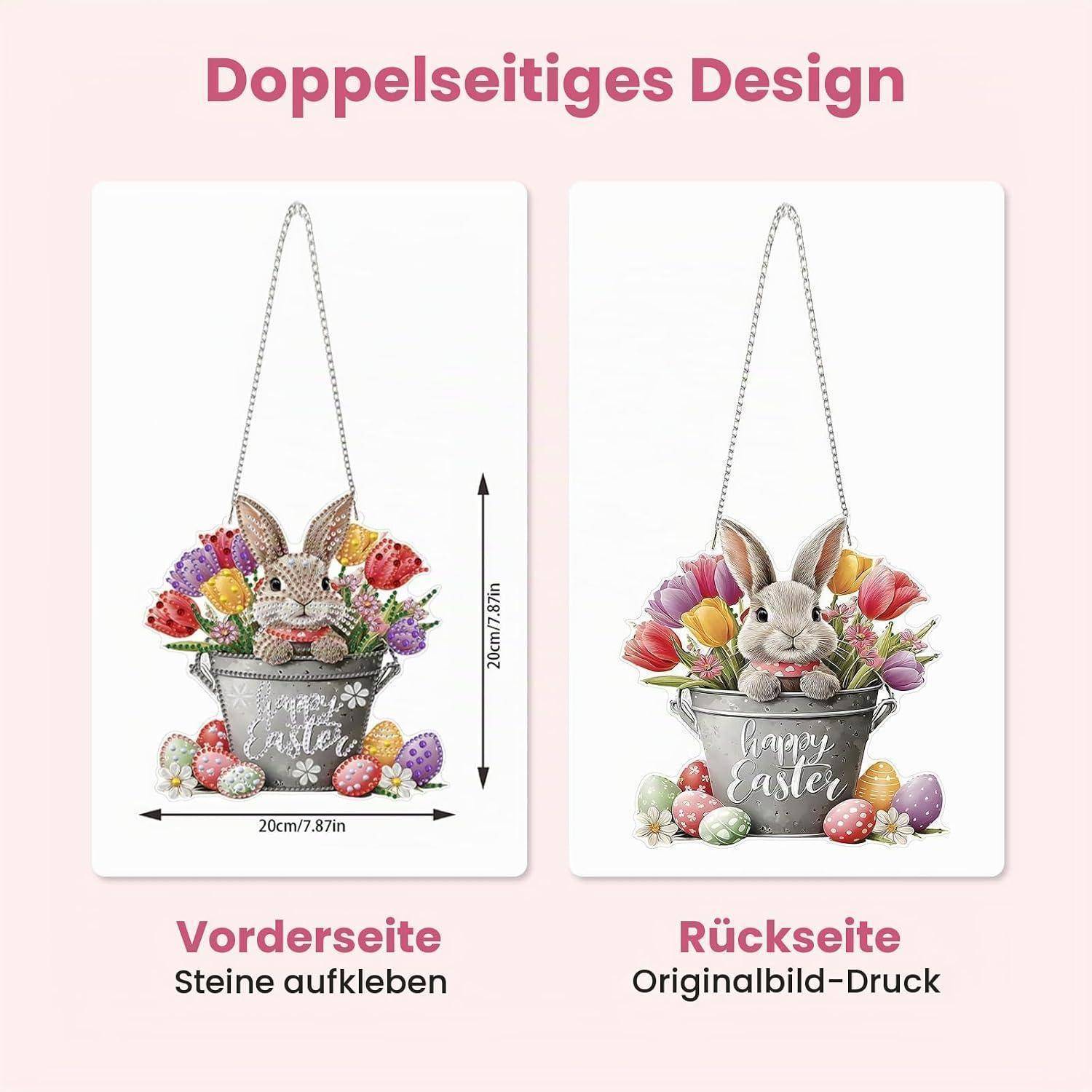 Vergleichsgrafik einer doppelseitigen Oster-Wanddekoration, die vorne Steine zum Aufkleben und auf der Rückseite ein original bedrucktes Bild zeigt, beide mit einem Hasen in einem Blumentopf.
