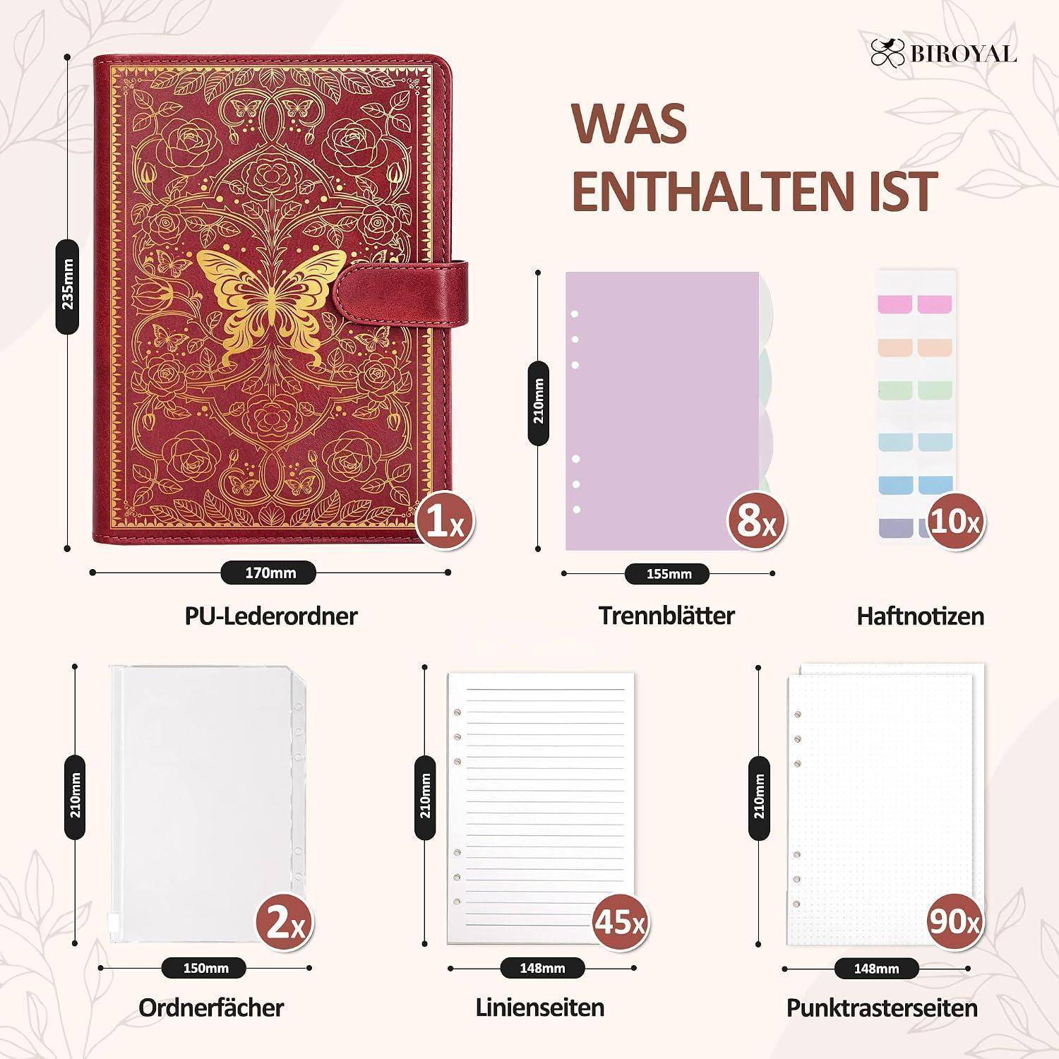 BIROYAL Notizbuch Ringbuch A5 Nachfüllbar, 6 Loch A5 Binder, Rot | PU Ringordner A5 mit 135 Blatt Nachfüllpapier, mehrere Fächer, Flexibel anordnen