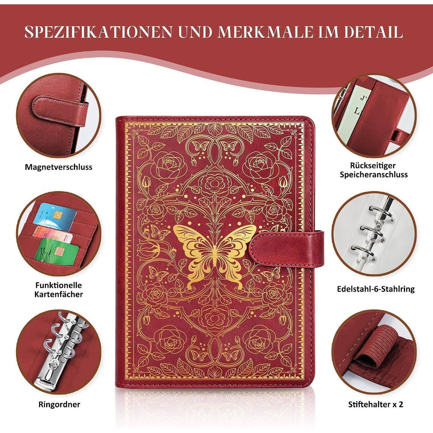 Roter Lederplaner mit Blumenmuster und goldenem Schmetterlingsdesign, gezeigt mit Funktionserklärungen für Magnetverschluss, Kartenfächer, Rückentasche, Stahlringe und zwei Stiftschlaufen.