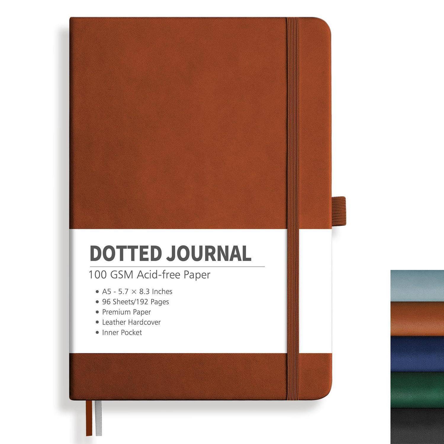Braunes punktiertes Notizbuch mit Gummiband, mit der Aufschrift „DOTTED JOURNAL