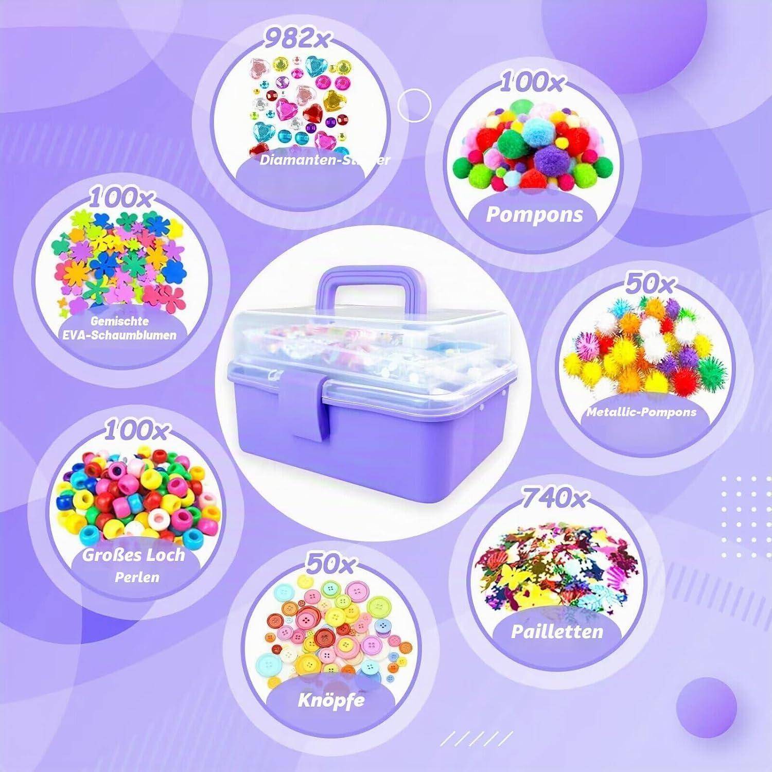 Lila Bastelaufbewahrungsbox umgeben von Kreisen, die enthalten Materialien zeigen: Diamanten, Pompons, EVA-Schaumstoffformen, Großloch-Perlen, Knöpfe, metallische Pompons und Pailletten, jeweils mit Mengenangaben.