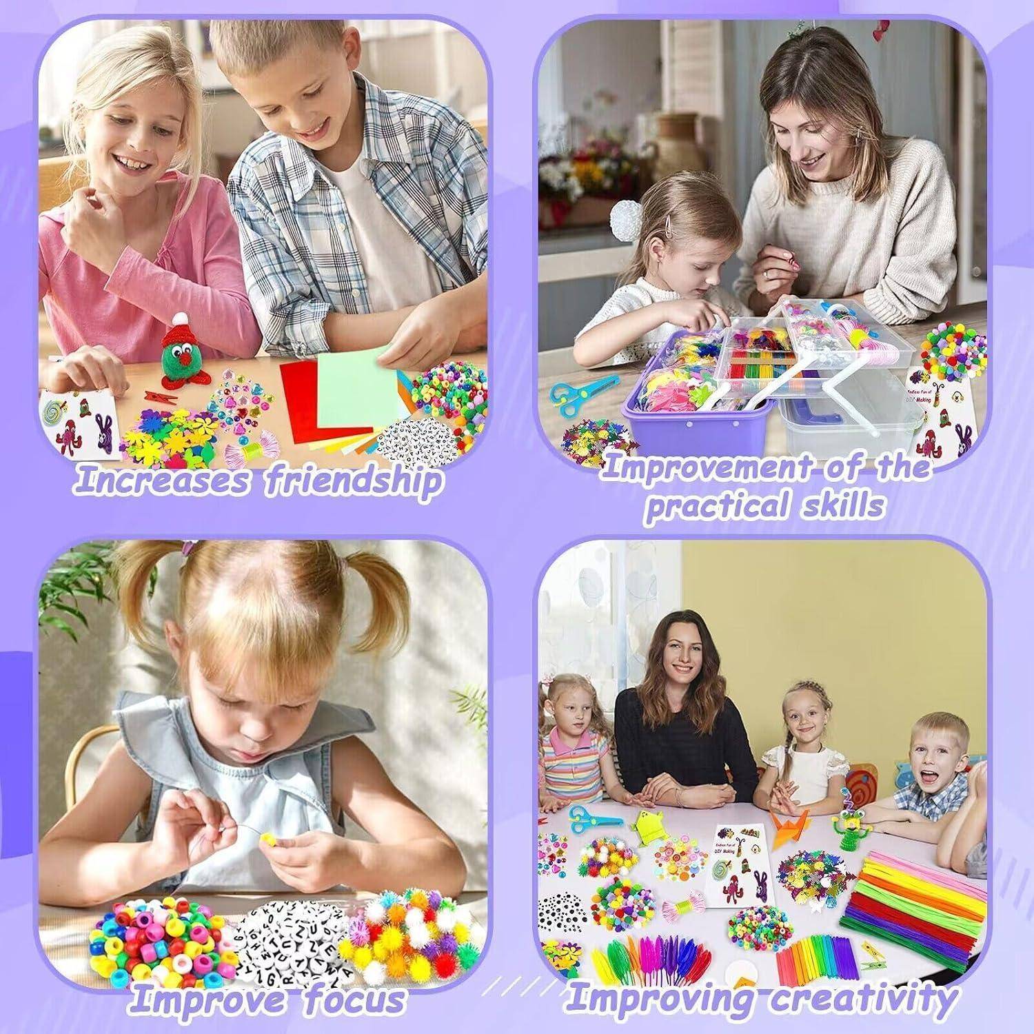 Vierteiliges Collagenbild von Kindern und einem Betreuer, die Perlenhandwerk machen, zeigt verbesserte Freundschaft, praktische Fähigkeiten, Konzentration und Kreativität.