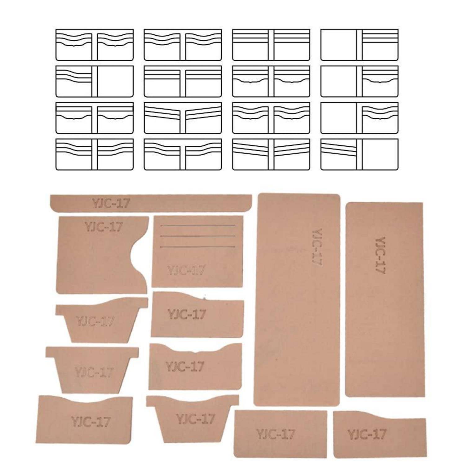 Diagramm zeigt einen Satz von Kartonverpackungs-Stanzschablonen und deren Faltschachtellayouts mit beschrifteten Musterschnittteilen „YJC-17