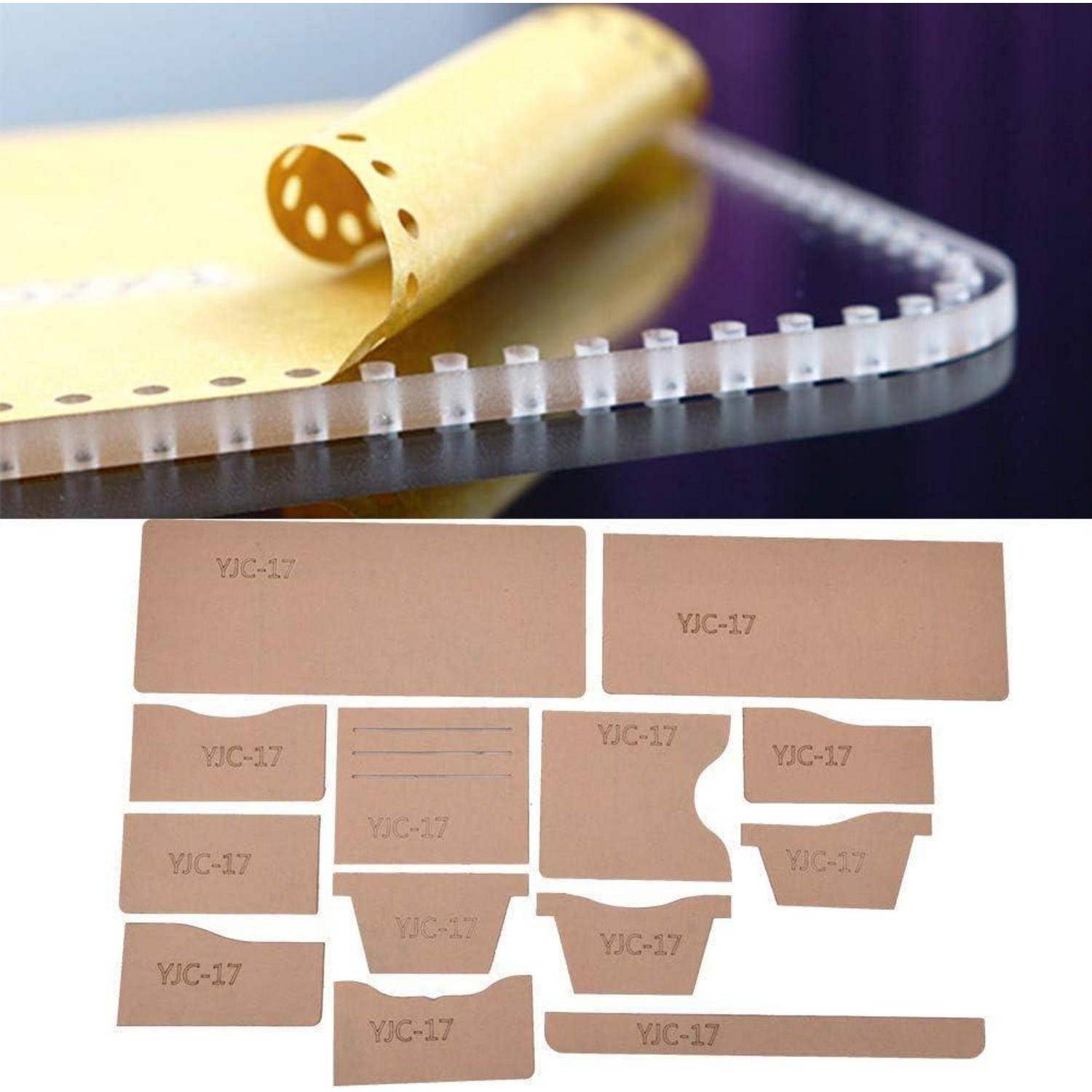 Aufgerolltes gelbliches lederähnliches Blatt auf einem perforierten Schneidstreifen; darunter eine Anordnung von beigen Schnittmustern mit der Bezeichnung „YJC-17